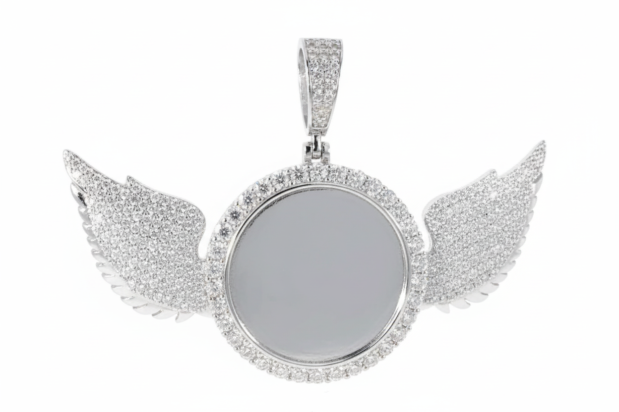 Custom photo pendant featuring detailed iced out wings