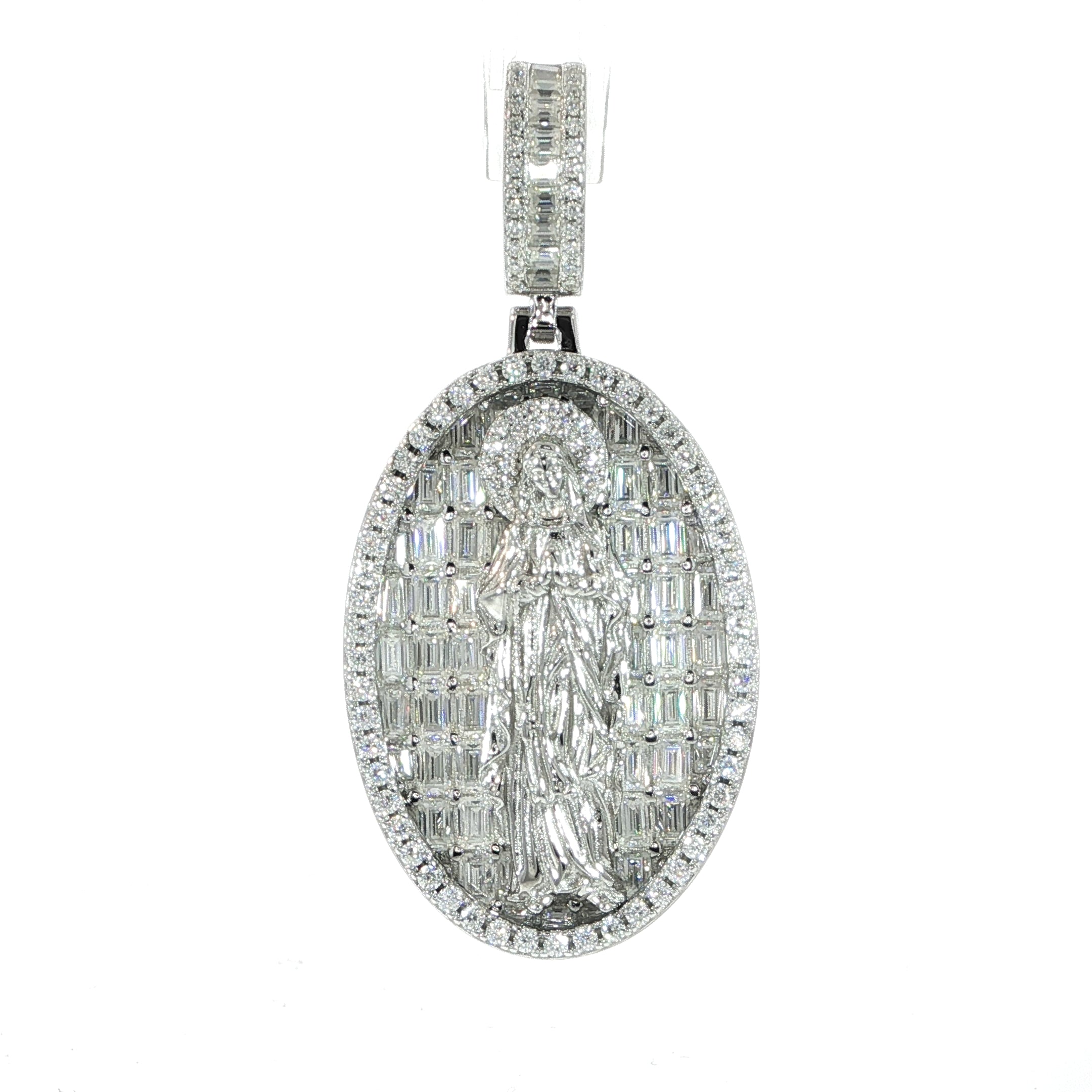 Iced Virgin Mary oval medallion pendant in sterling silver with VVS moissanite