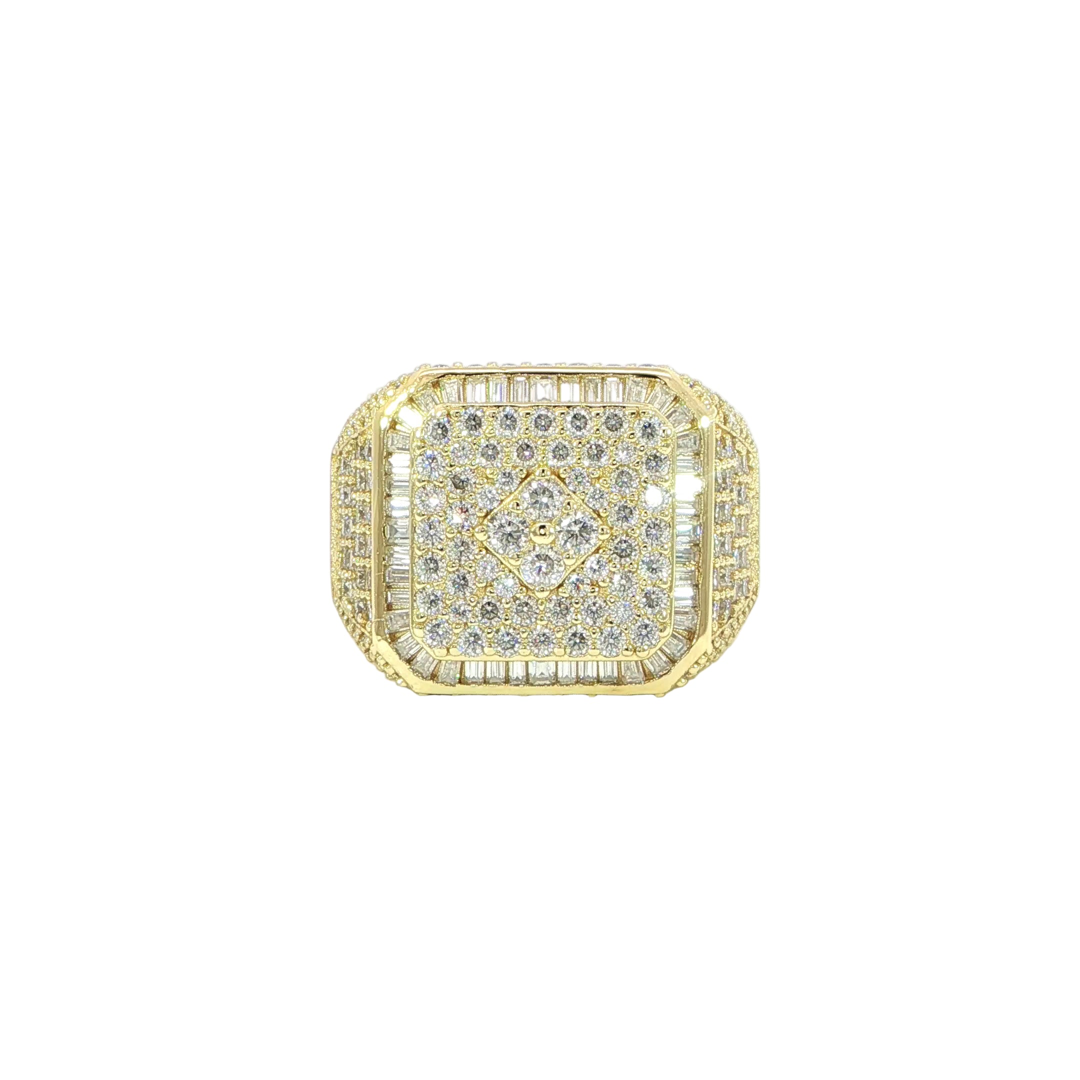 Front iced-out square moissanite ring with baguette accents