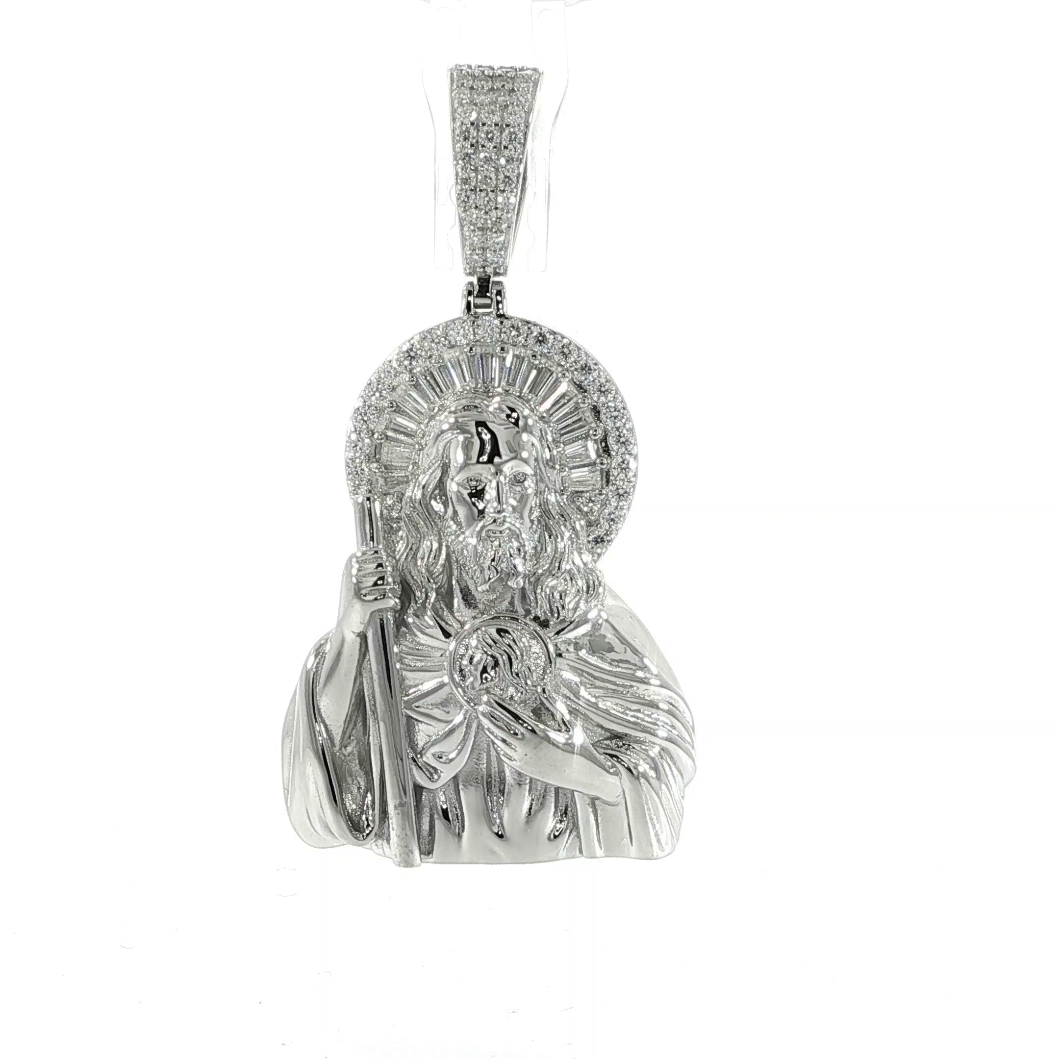 Iced Sacred Heart of Jesus pendant featuring 3.10 CTW VVS moissanite stones.