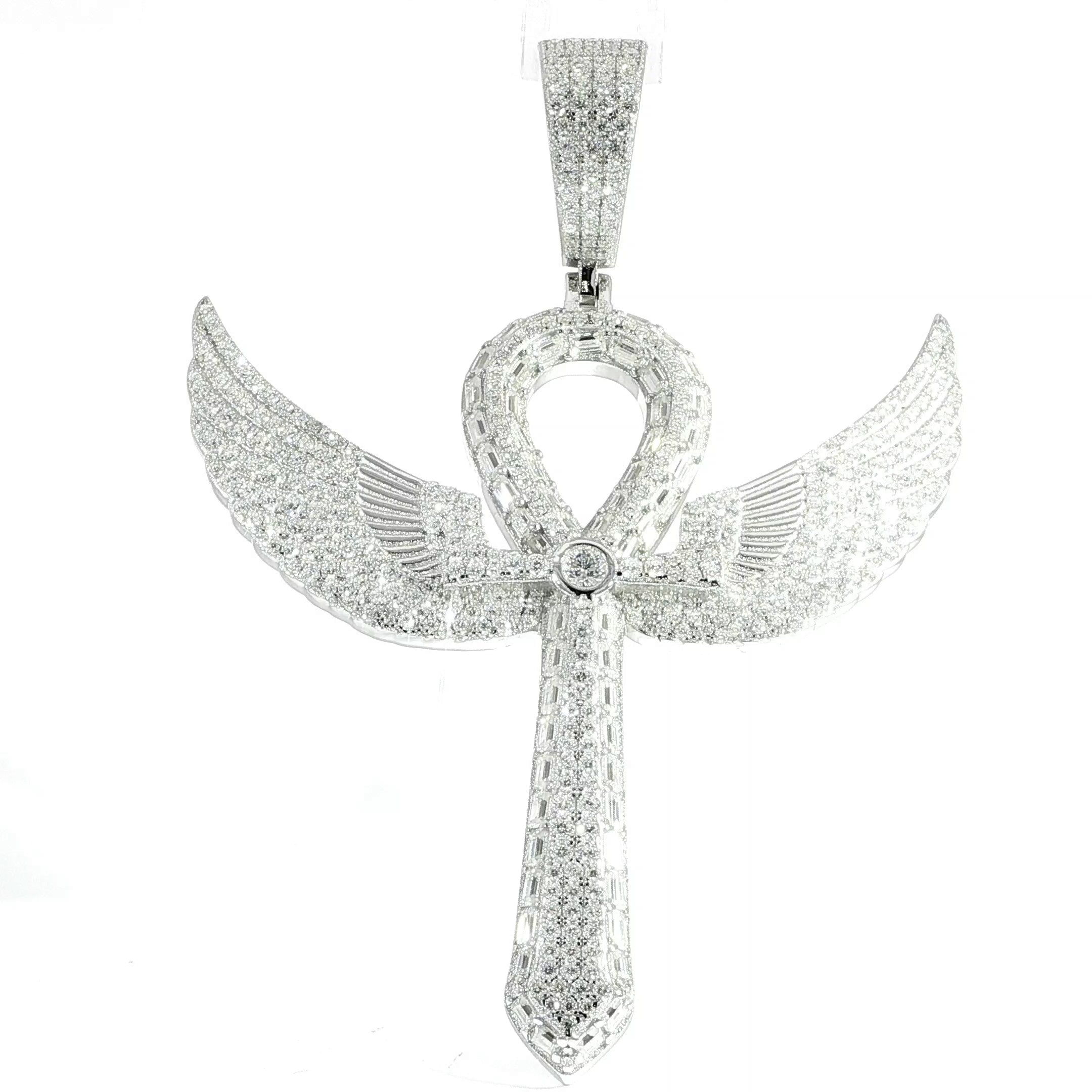 Iced out Ankh cross pendant with angel wings in sterling silver.