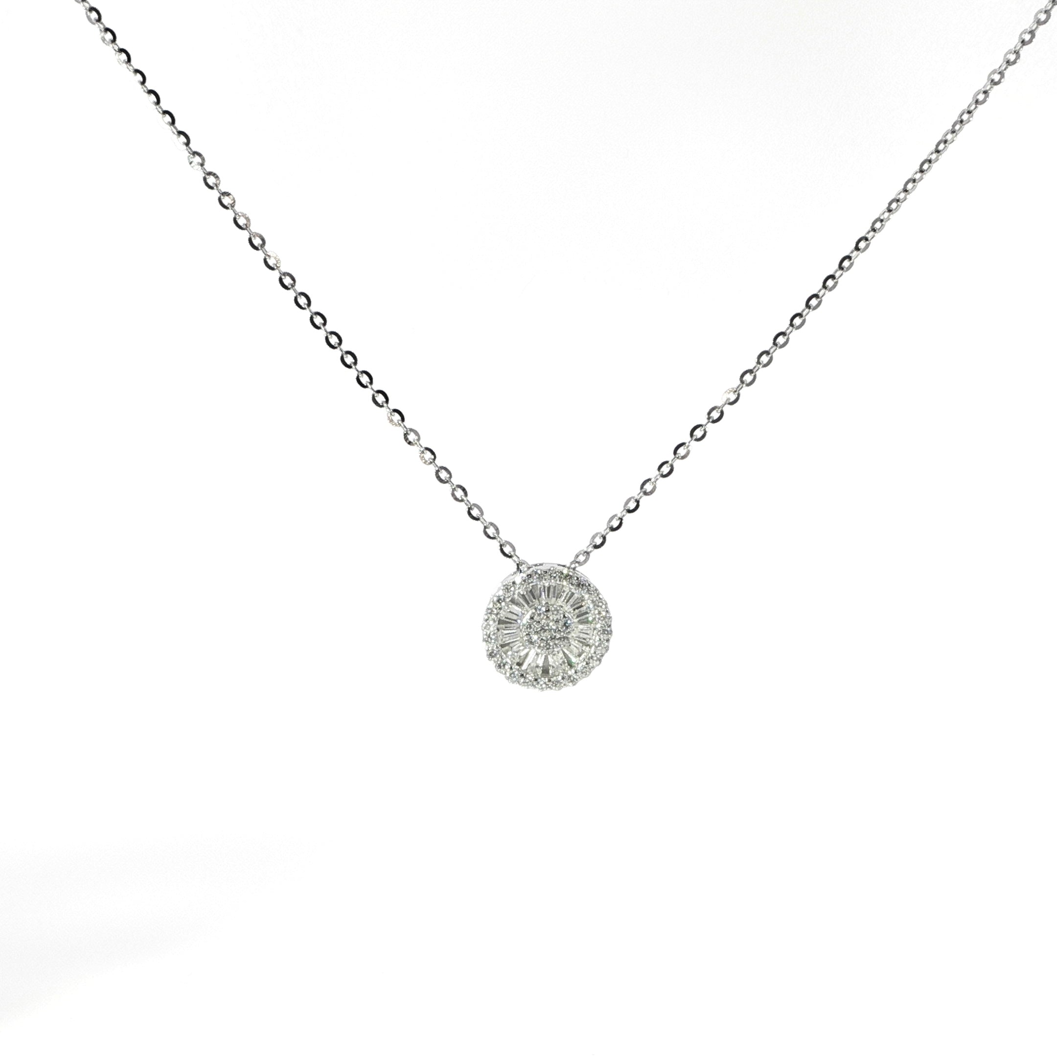 Small round moissanite pendant featuring a baguette sunburst design.