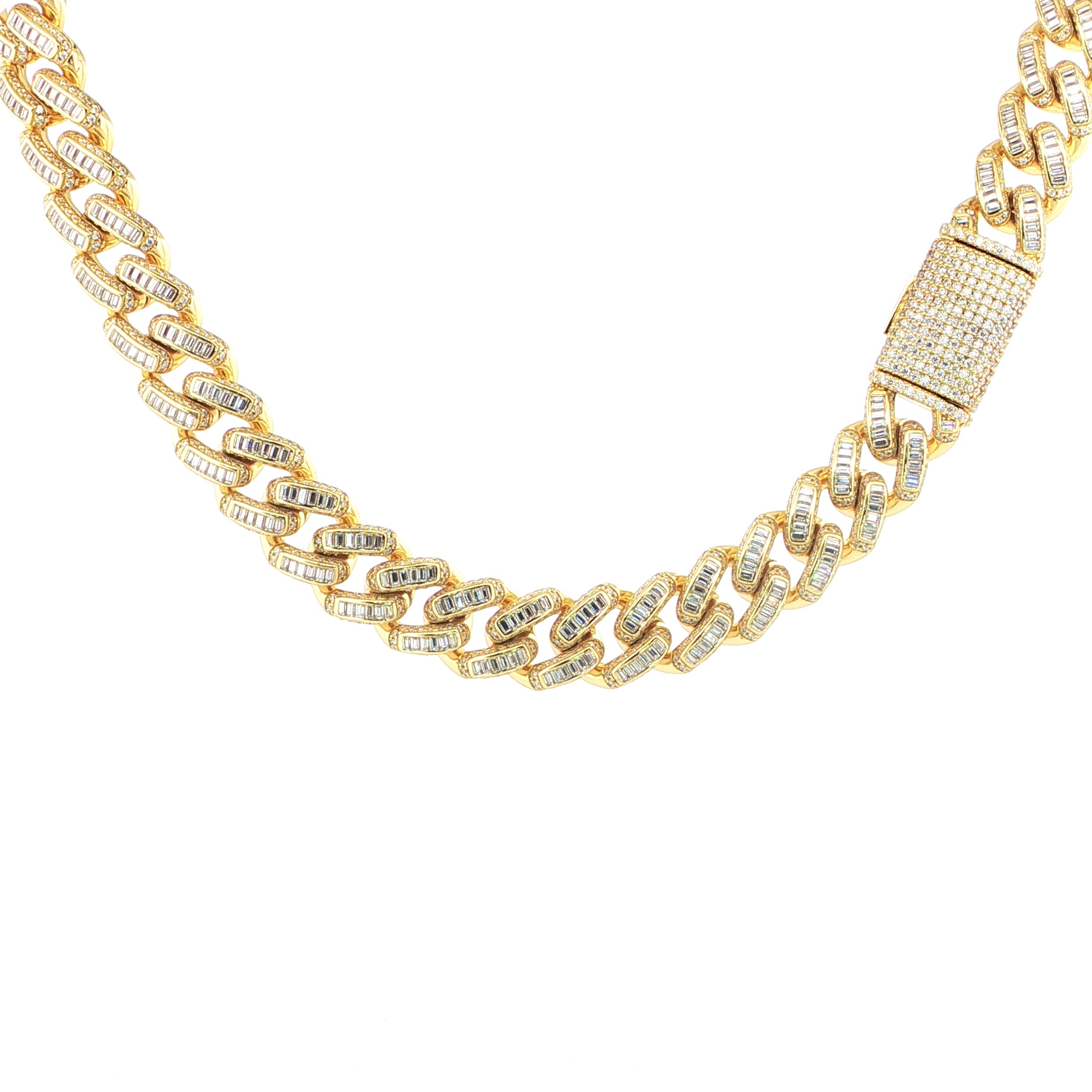 925 sterling silver baguette Cuban link chain with pavé box clasp 16MM VVS moissanite