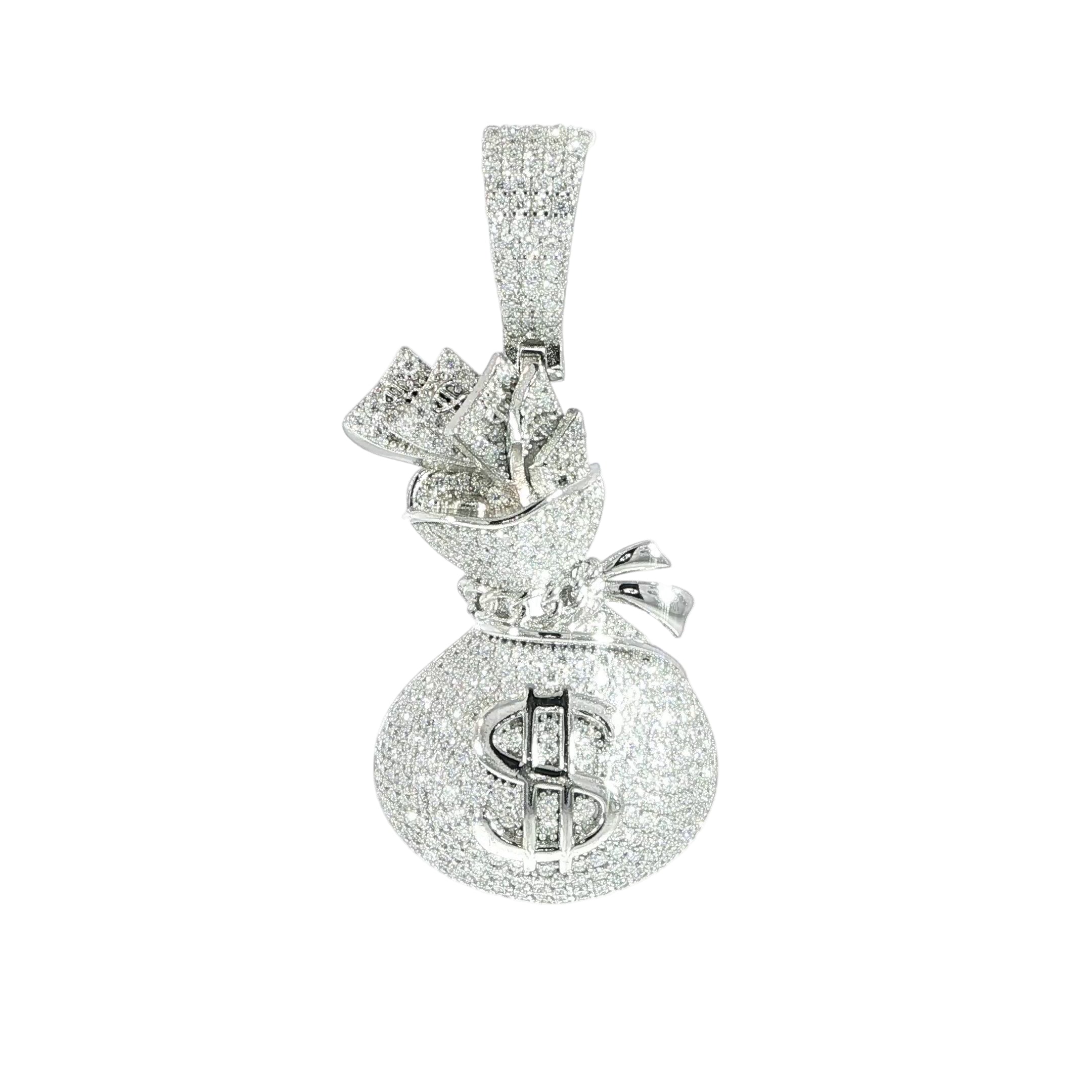 Sterling silver iced money bag pendant with VVS moissanite stones.