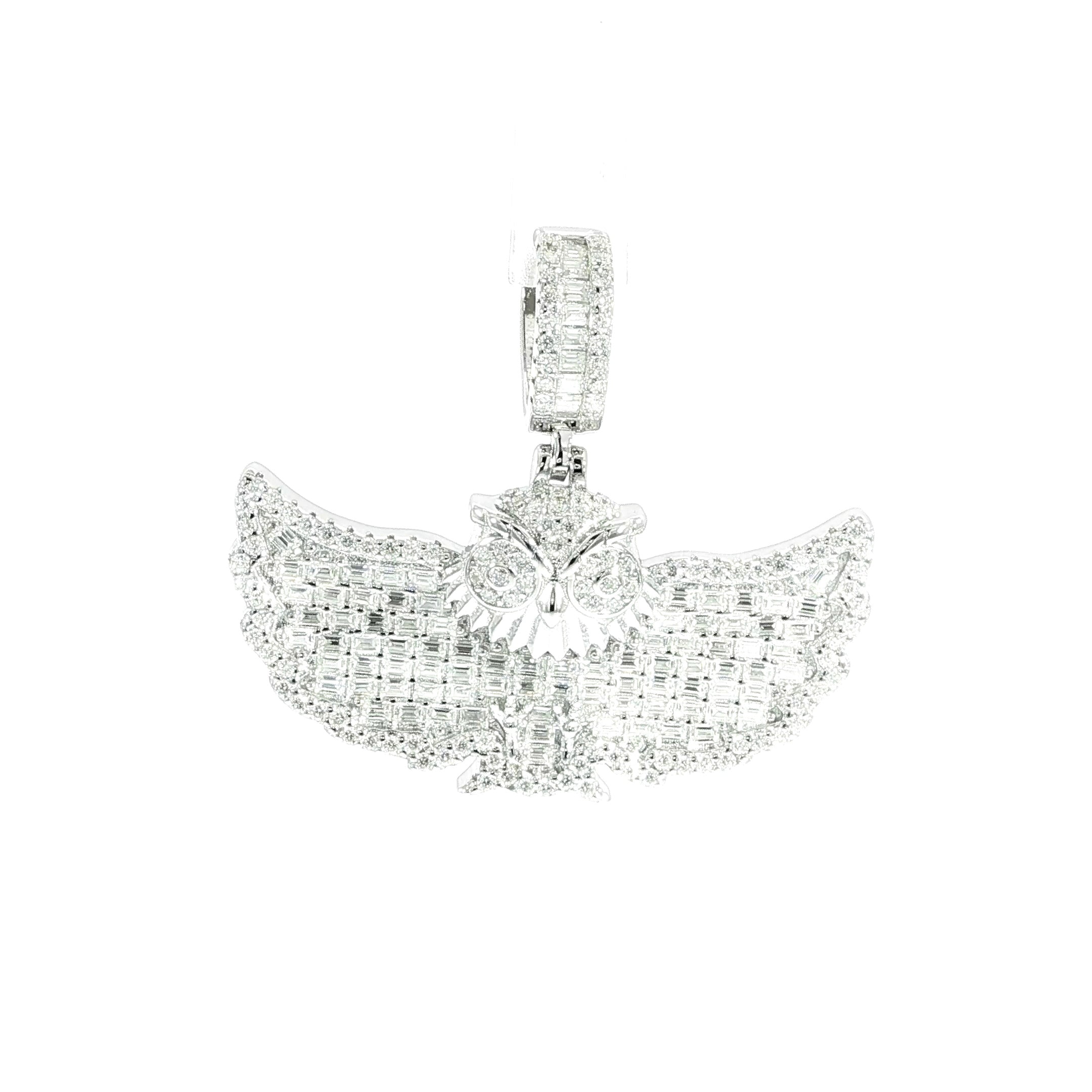 Sterling silver iced owl pendant with spread wings and VVS moissanite