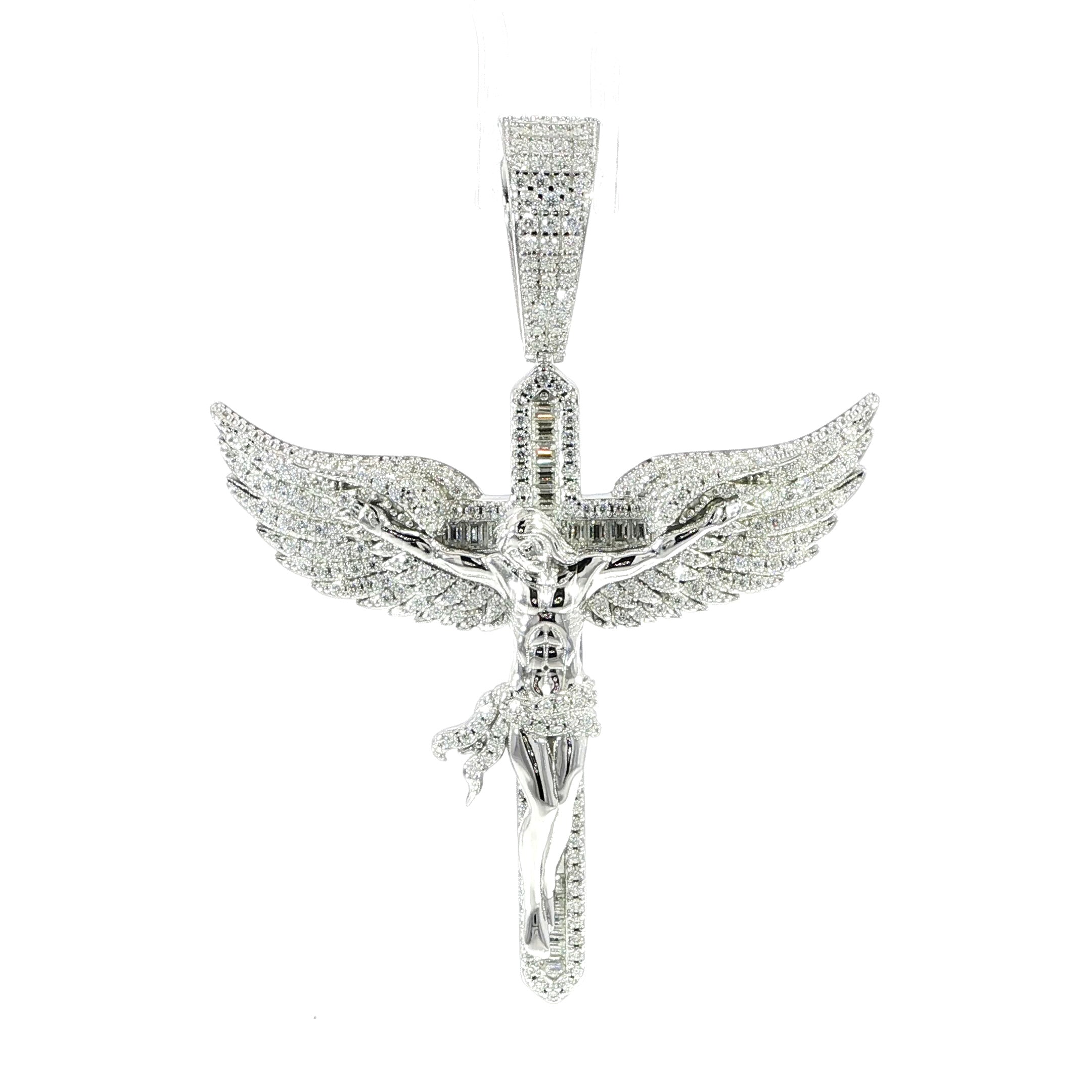 Sterling silver Jesus crucifix cross with wings pendant in VVS moissanite.