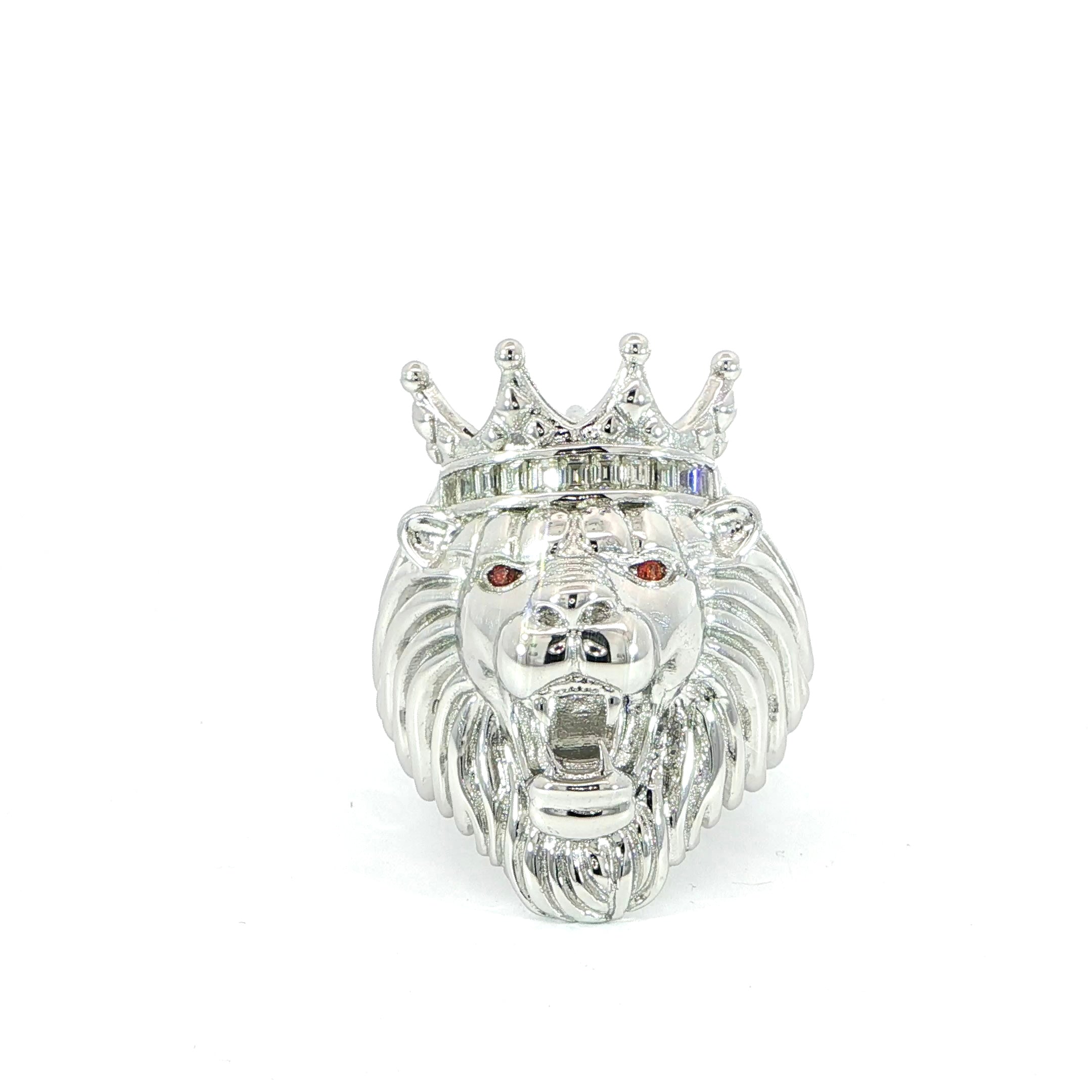 Sterling silver lion head ring with crown and red eyes featuring VVS moissanite accents