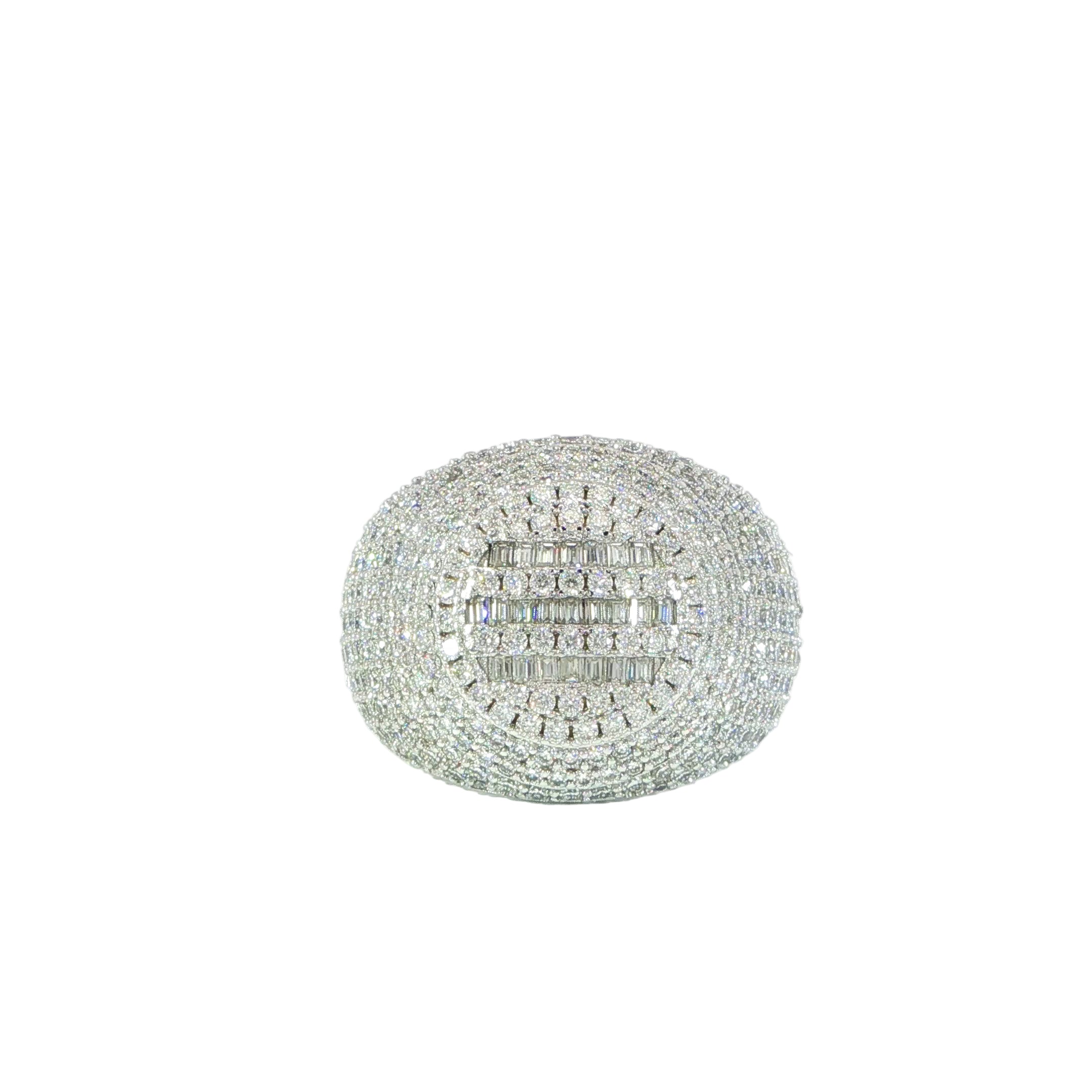 Sterling silver round pavé cluster ring with baguette VVS moissanite