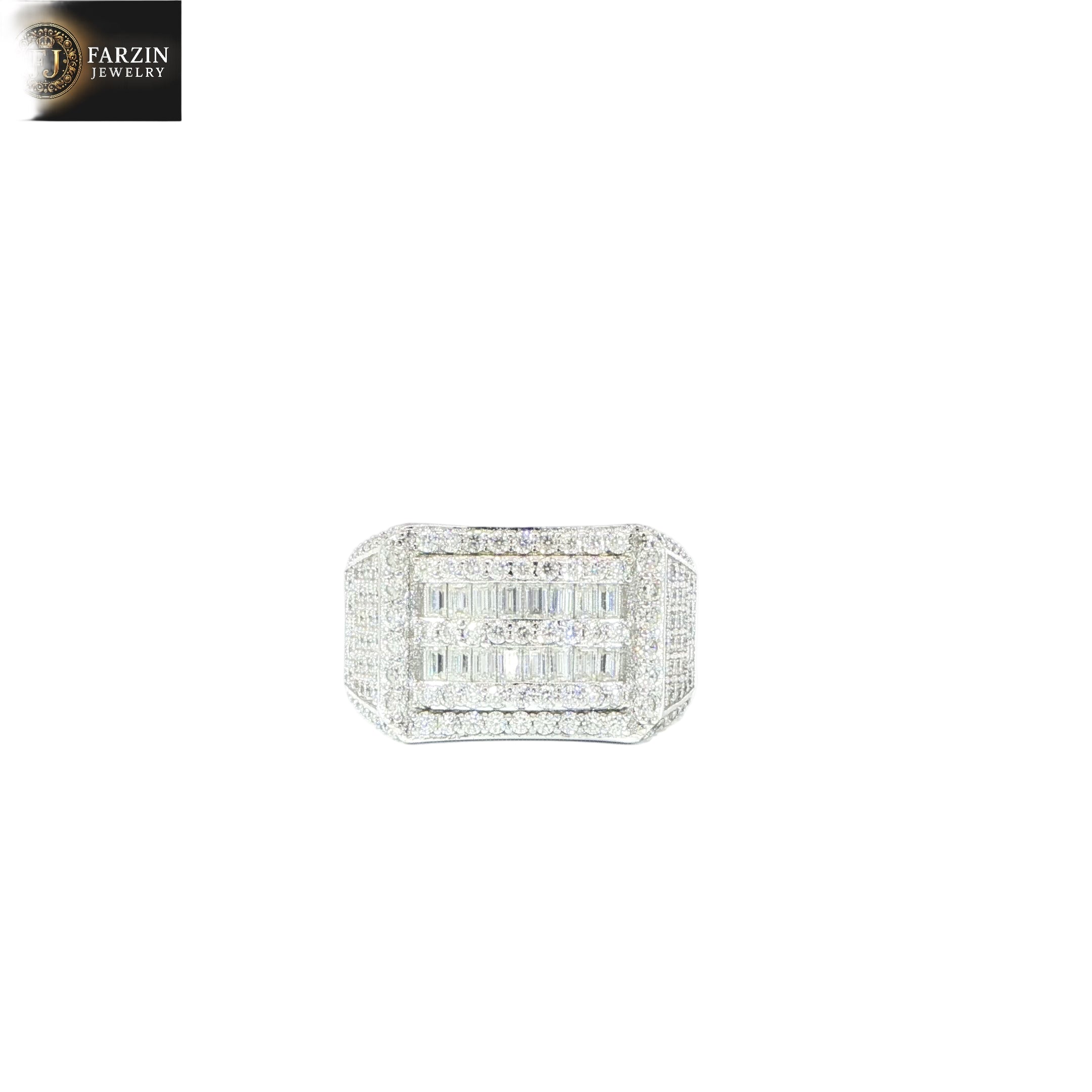 Multi-row sterling silver ring featuring baguette-cut moissanite