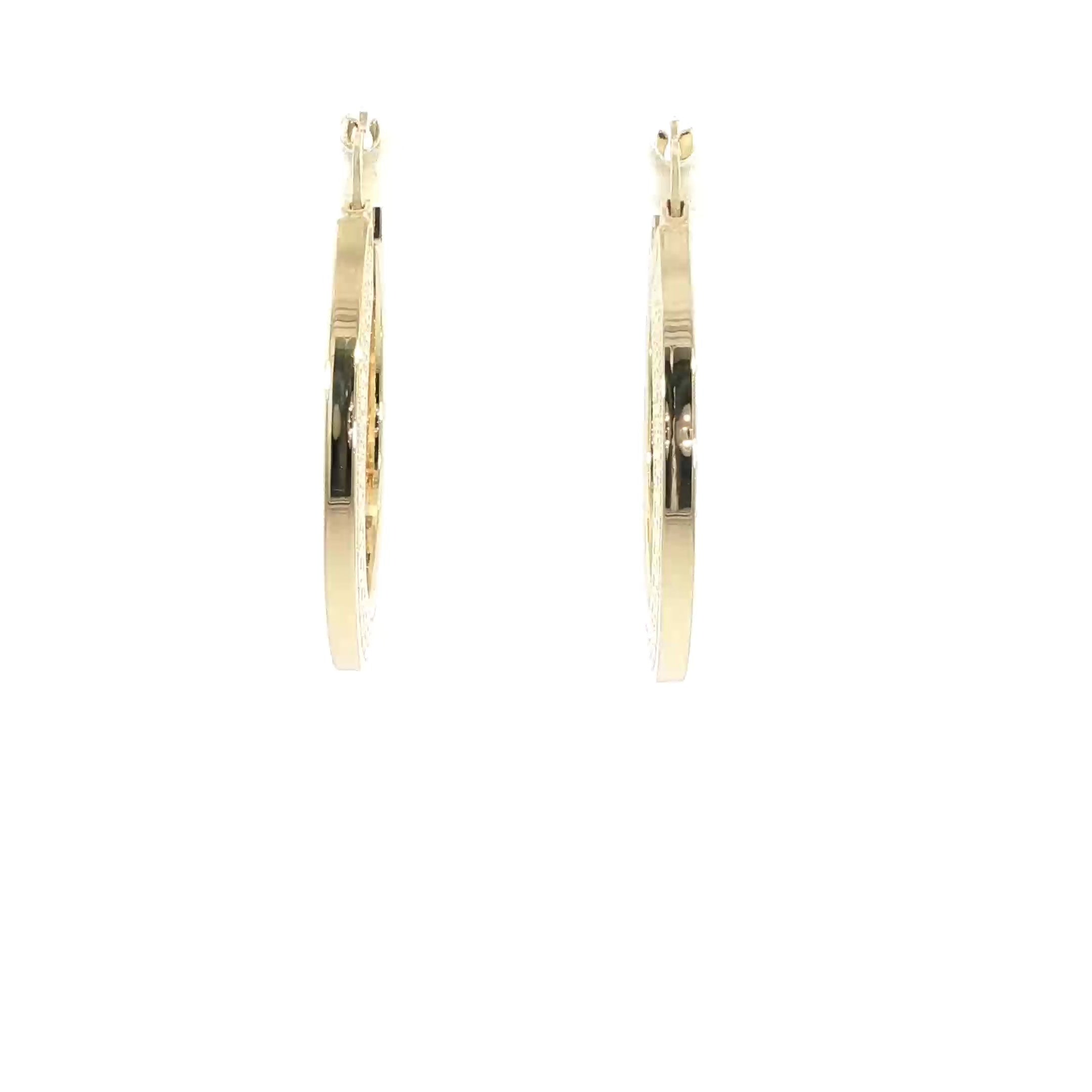 Luxury 14K gold hoop earrings with decorative Greek Key engraving
