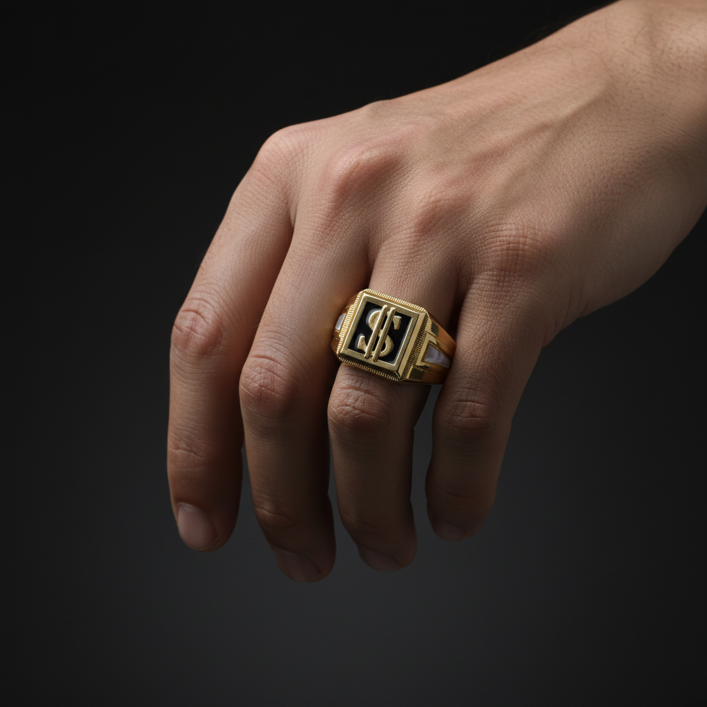 gold signet ring with black onyx hand model
