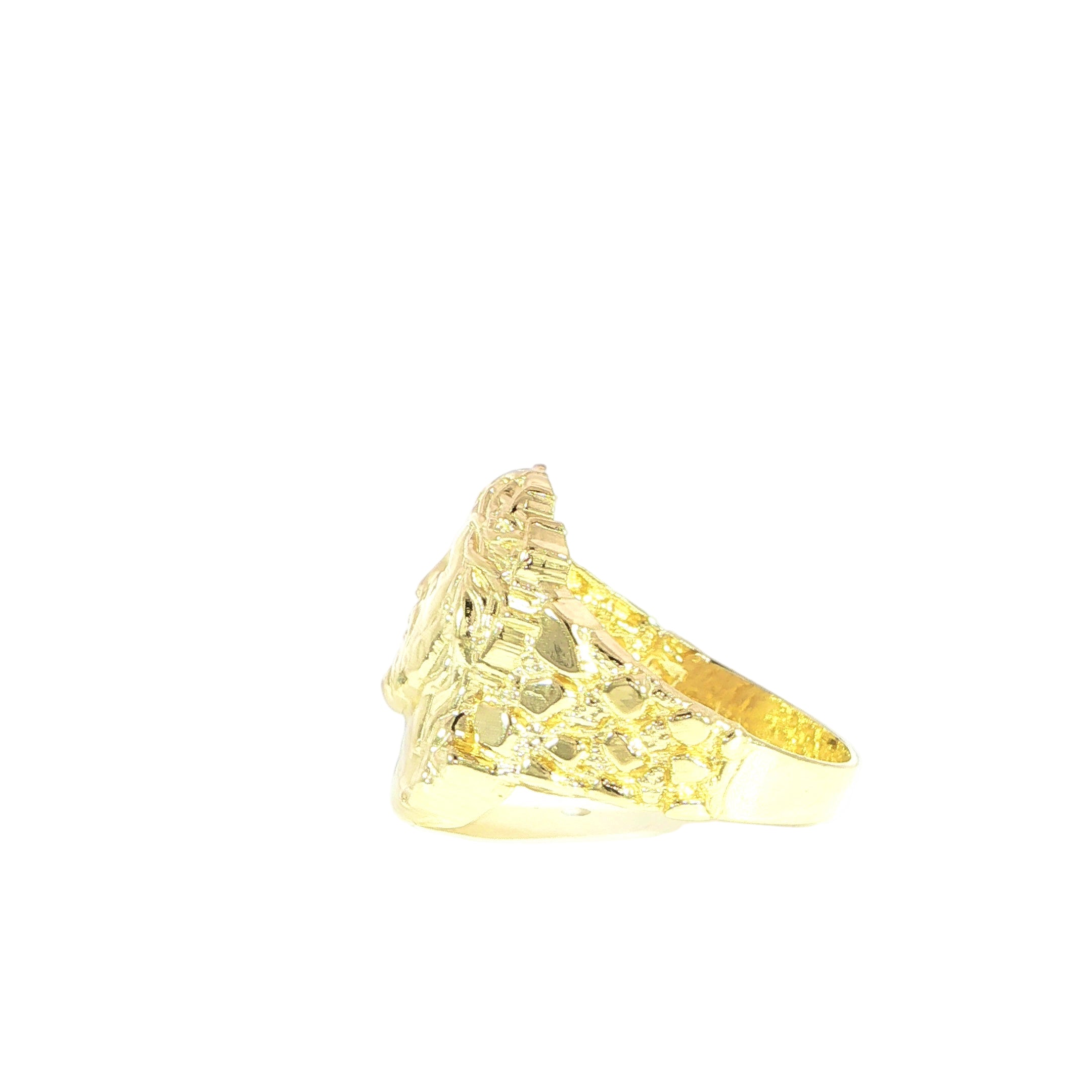 Bold nugget Jesus portrait ring in 14K gold side detail