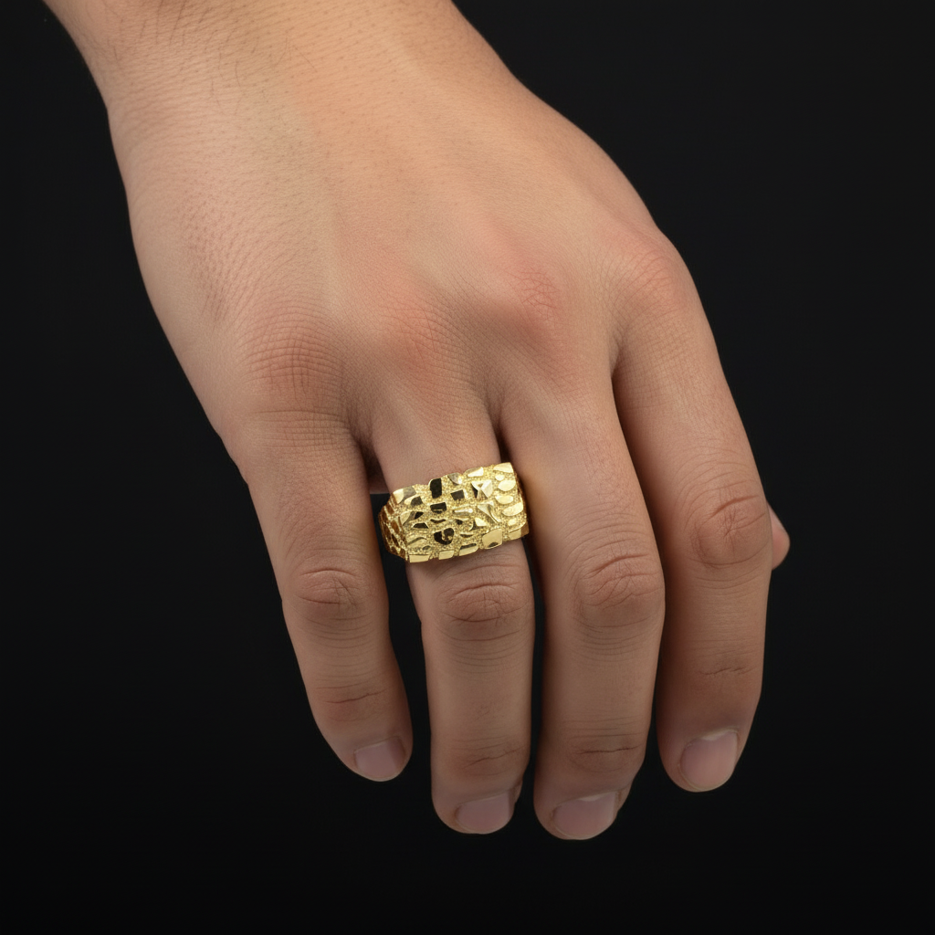 gold nugget ring mens on hand model