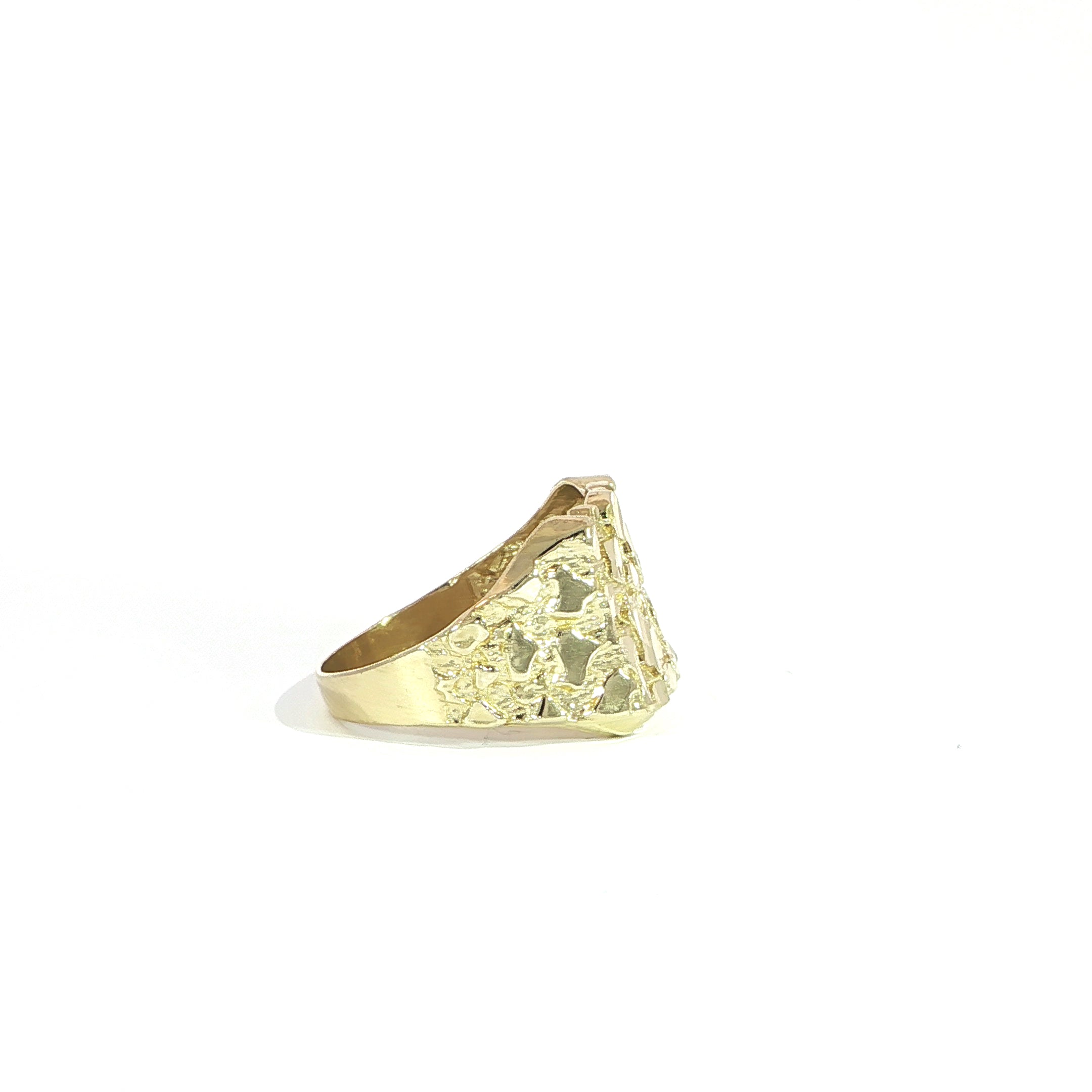 Side view of textured yellow gold nugget ring