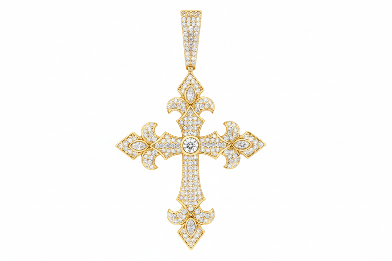 VVS moissanite fleur-de-lis cross pendant with pave setting.