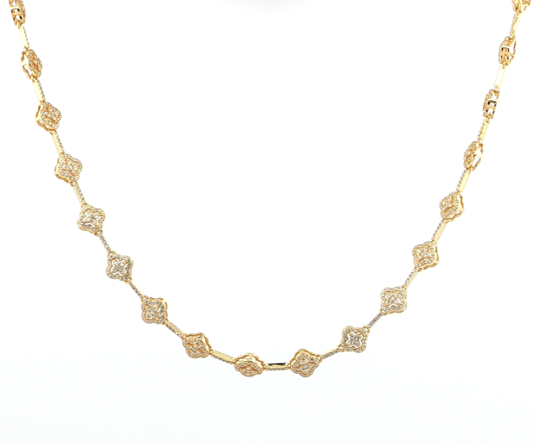 Gold plated silver clover station necklace VVS moissanite 