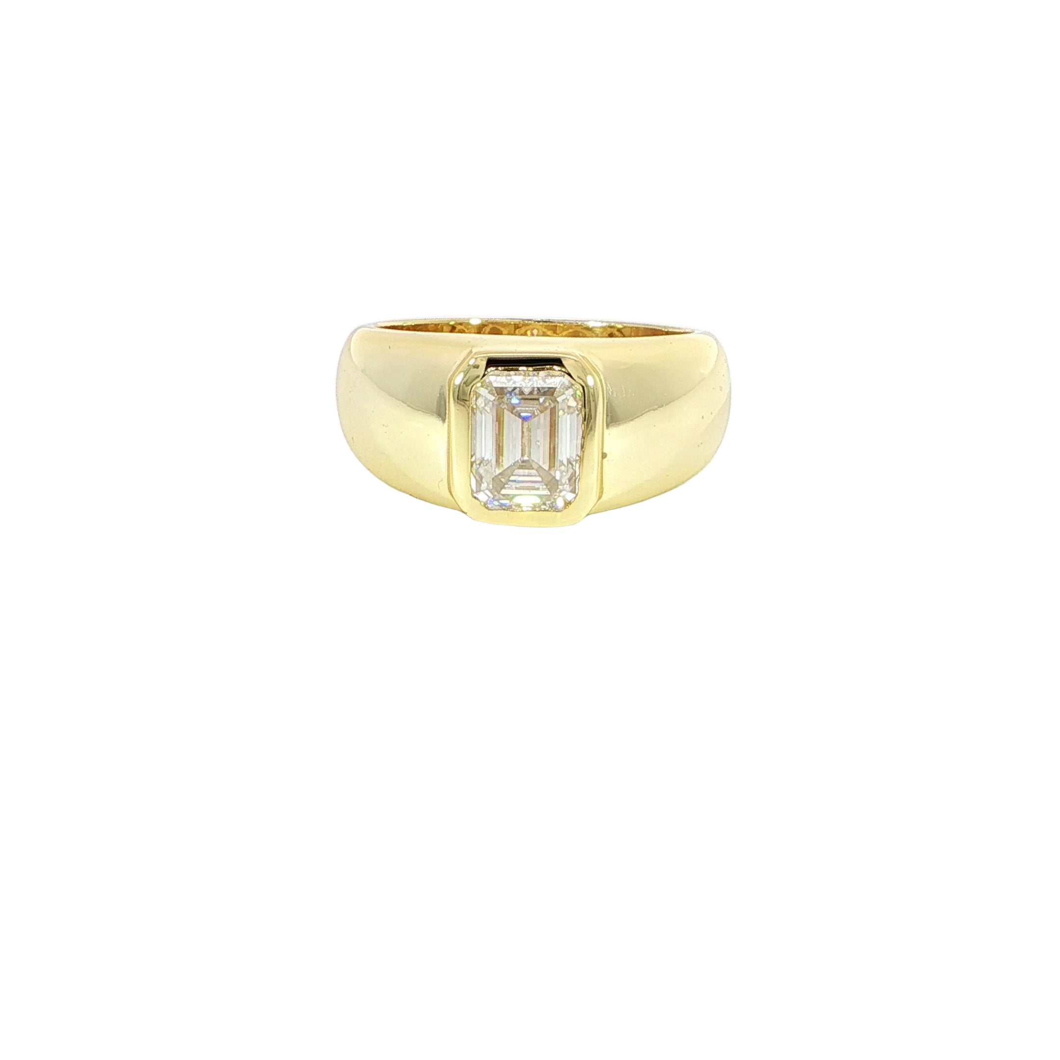 Elegant bezel set emerald cut ring with VVS moissanite sparkle