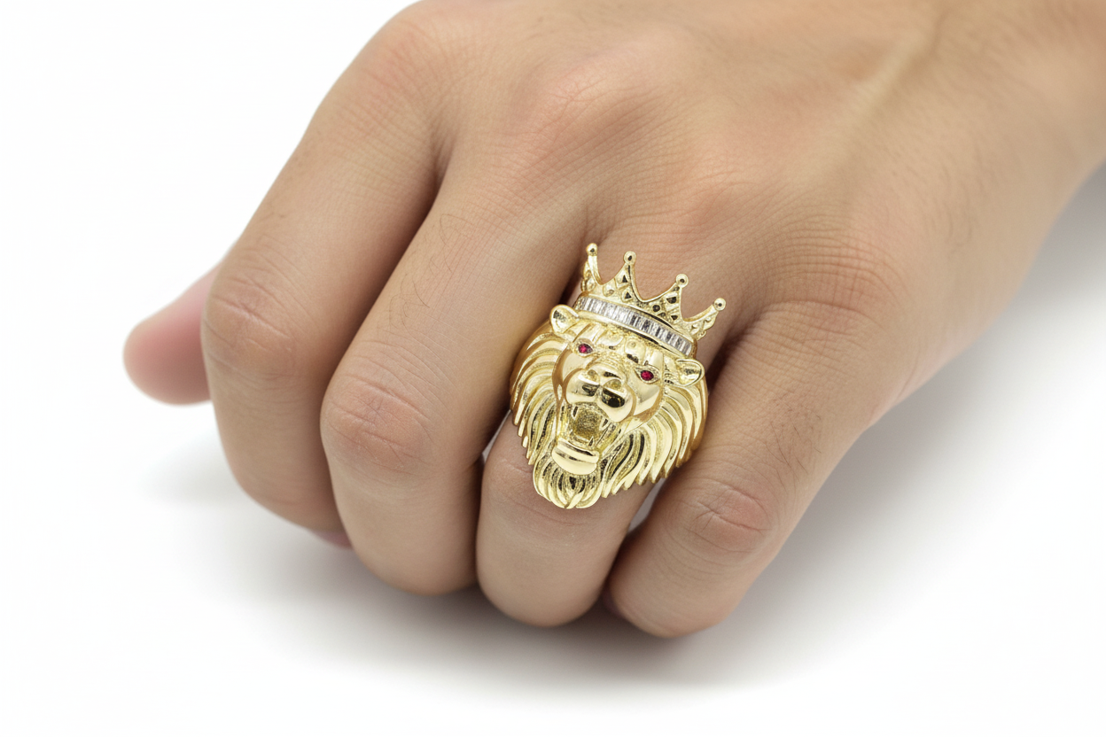 Model wearing sterling silver king lion crown ring with VVS moissanite accents