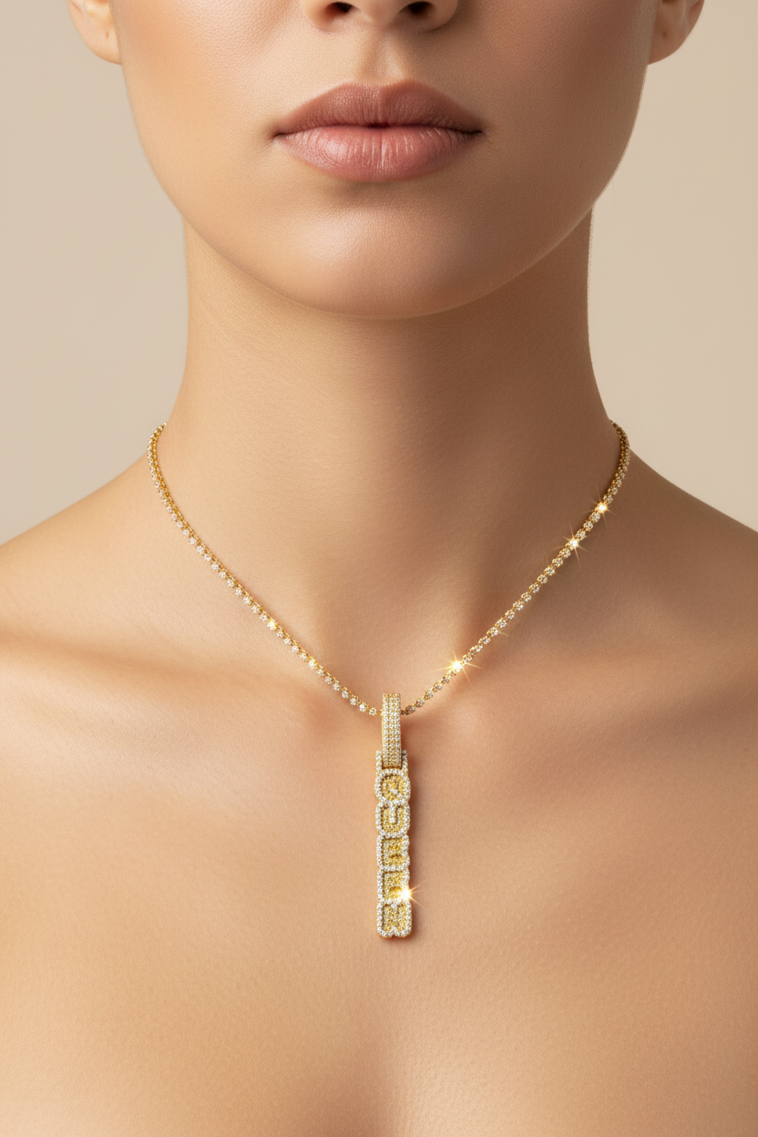 Elegant vertical Queen charm featuring 0.75 CTW VVS moissanite.
