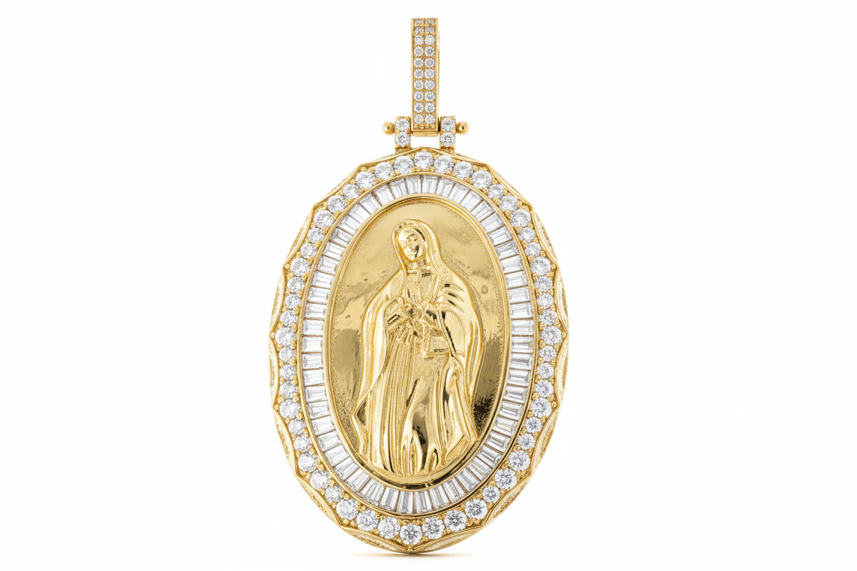 Detailed Virgin Mary pendant with round and baguette stone halo
