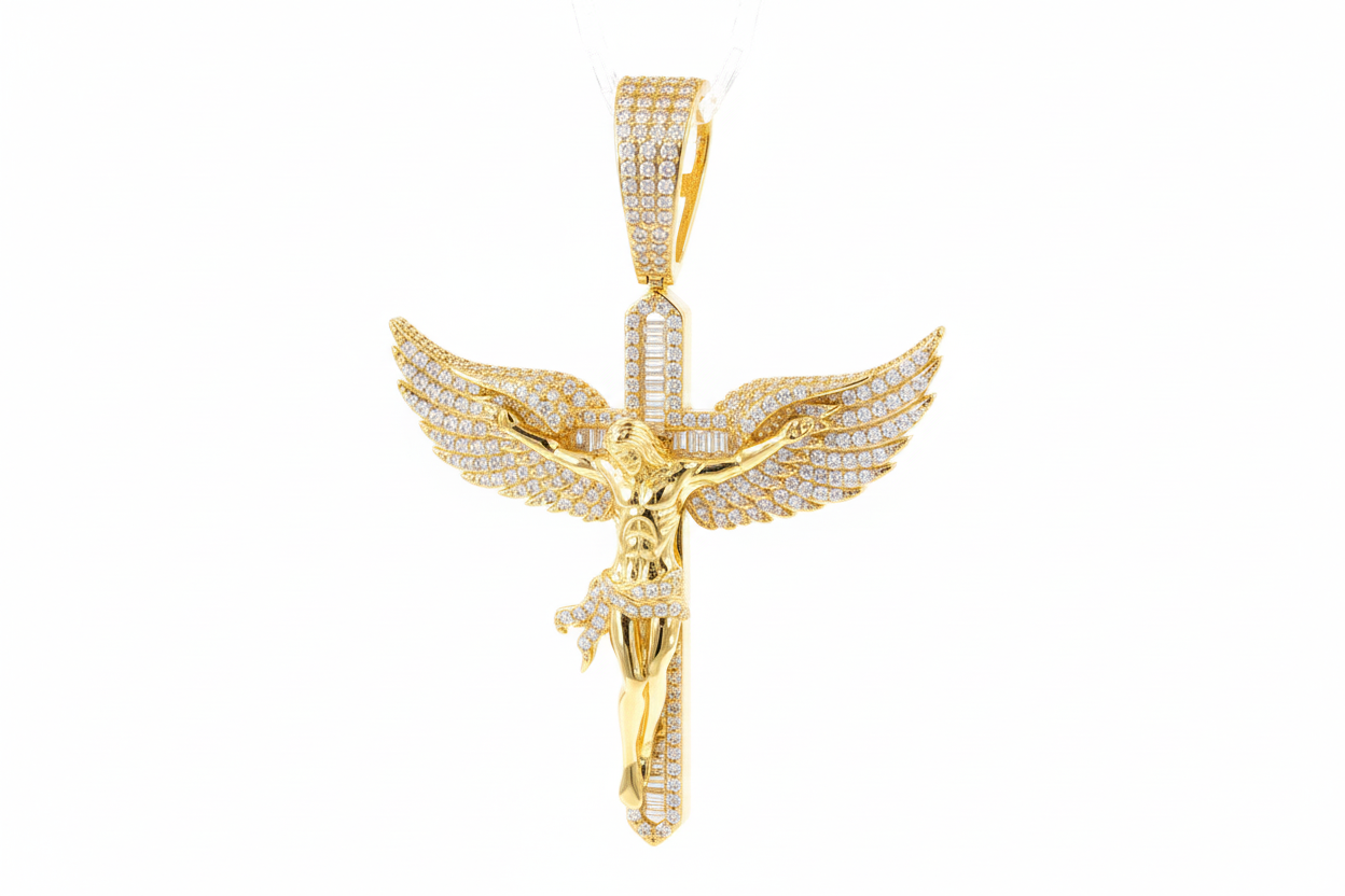 Luxury Jesus pendant with winged cross design and brilliant sparkle
