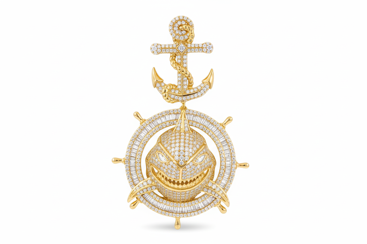Gold plated silver detailed shark head pendant surrounded by an iced ship wheel.