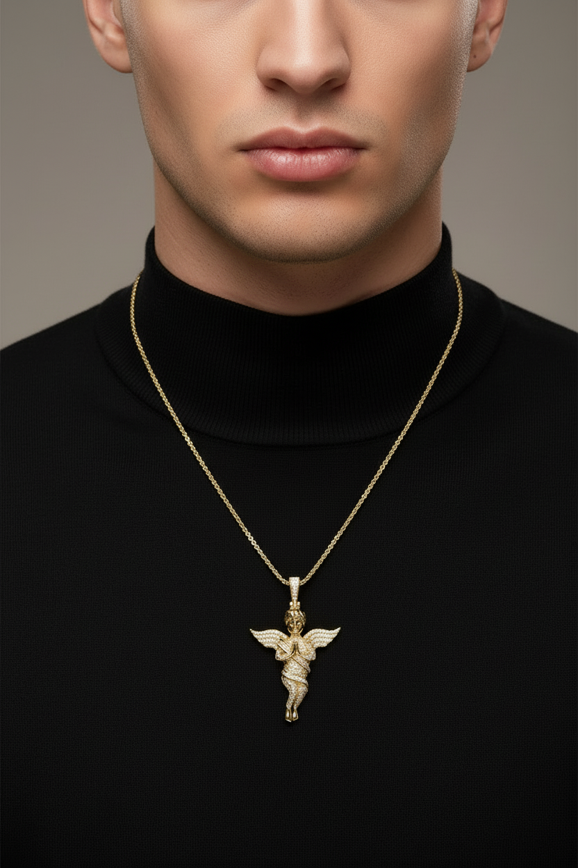 Detailed cherub angel pendant with folded hands and wings