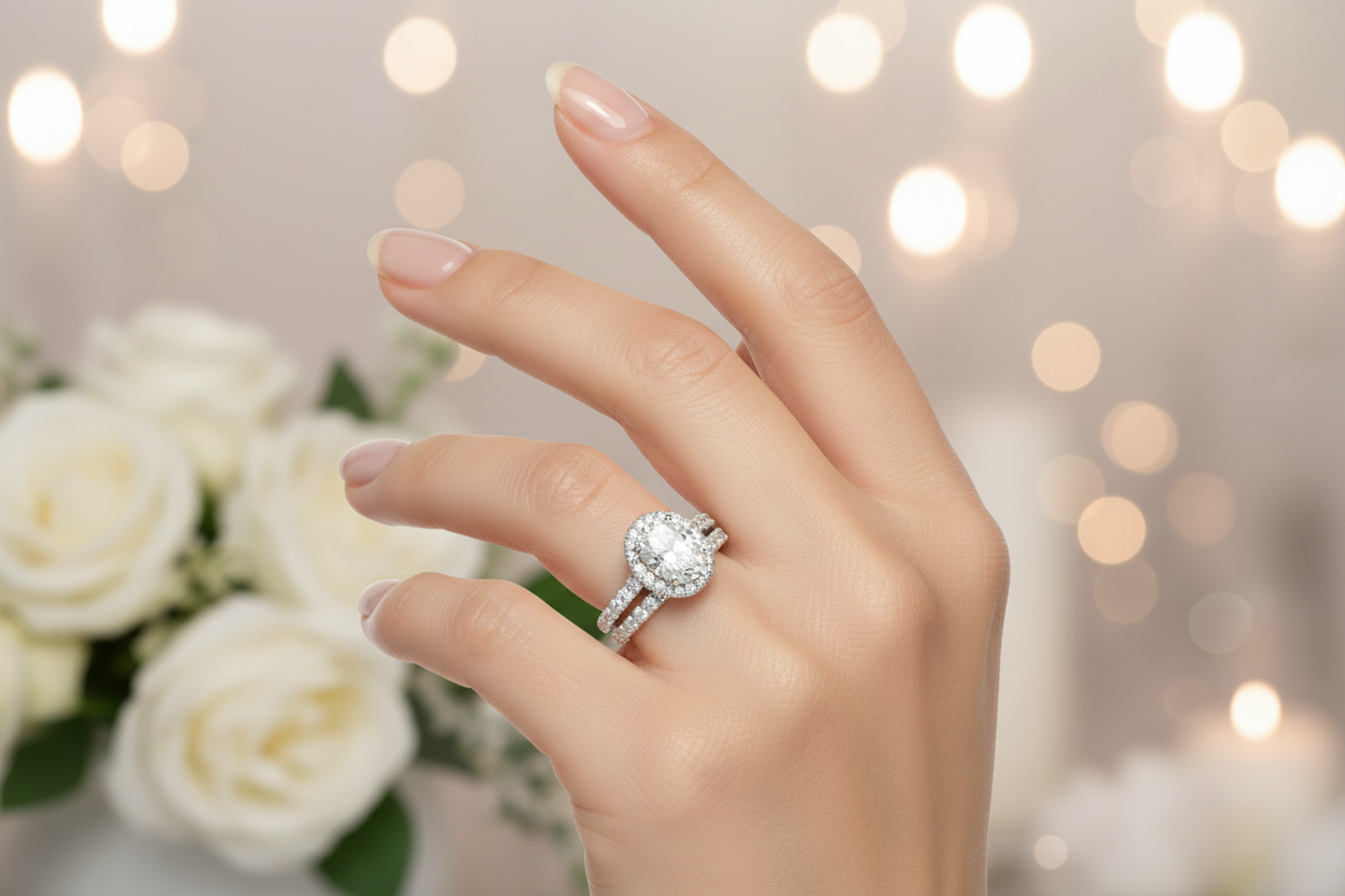 Sterling silver oval halo bridal set with sparkling moissanite stones