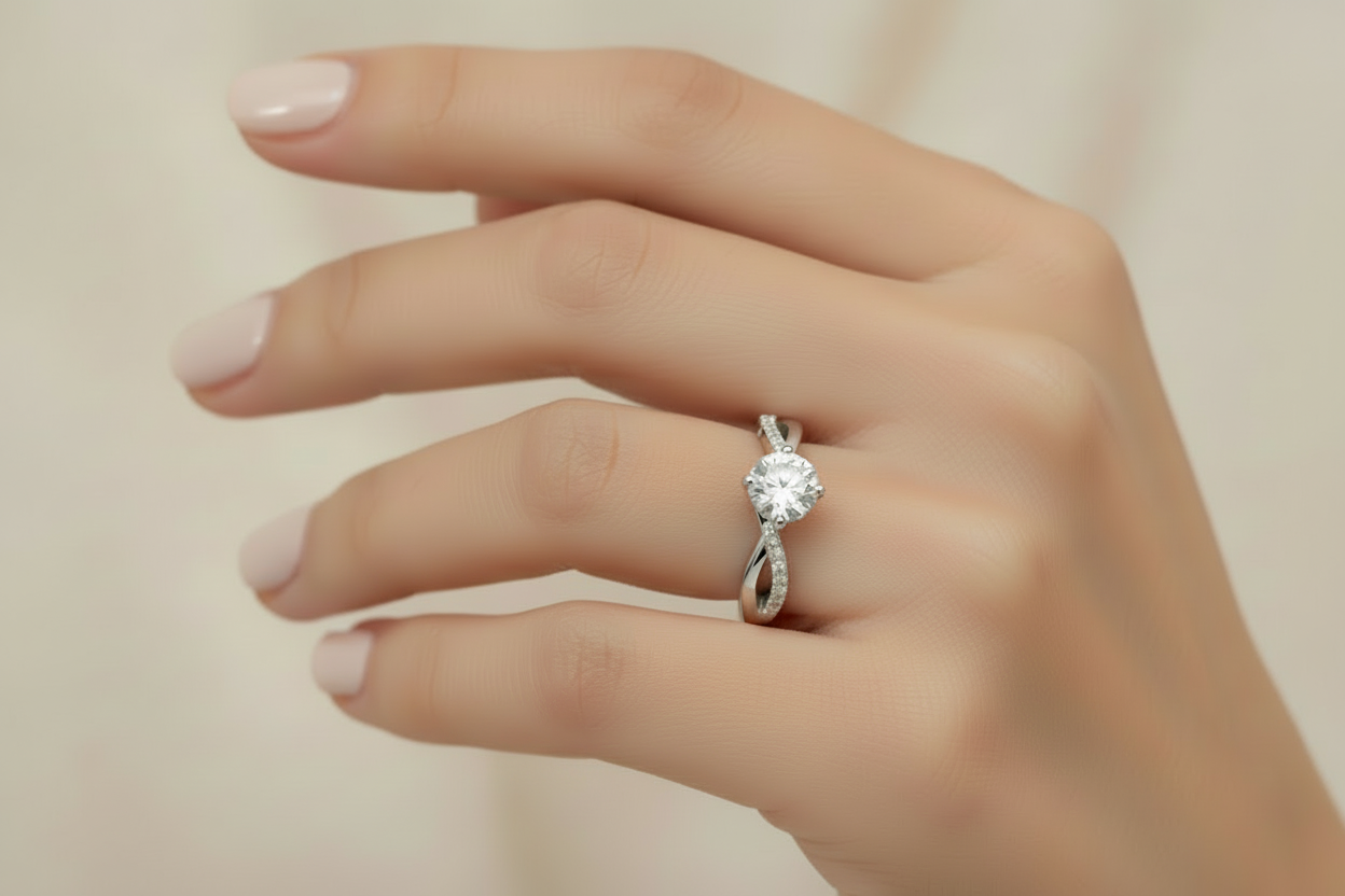 Round solitaire VVS moissanite engagement ring in sterling silver with twisted band