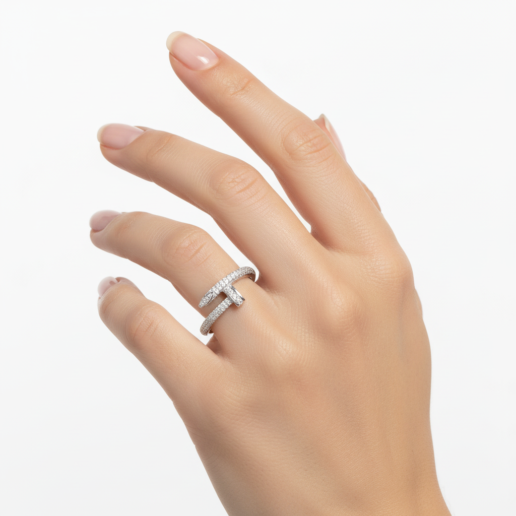 Sterling silver nail-shaped ring featuring VVS moissanite stones