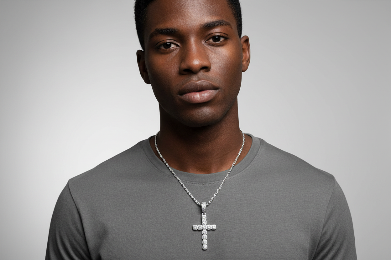 Model wearing 925 Silver Cross Pendant Featuring VVS Moissanite Stones