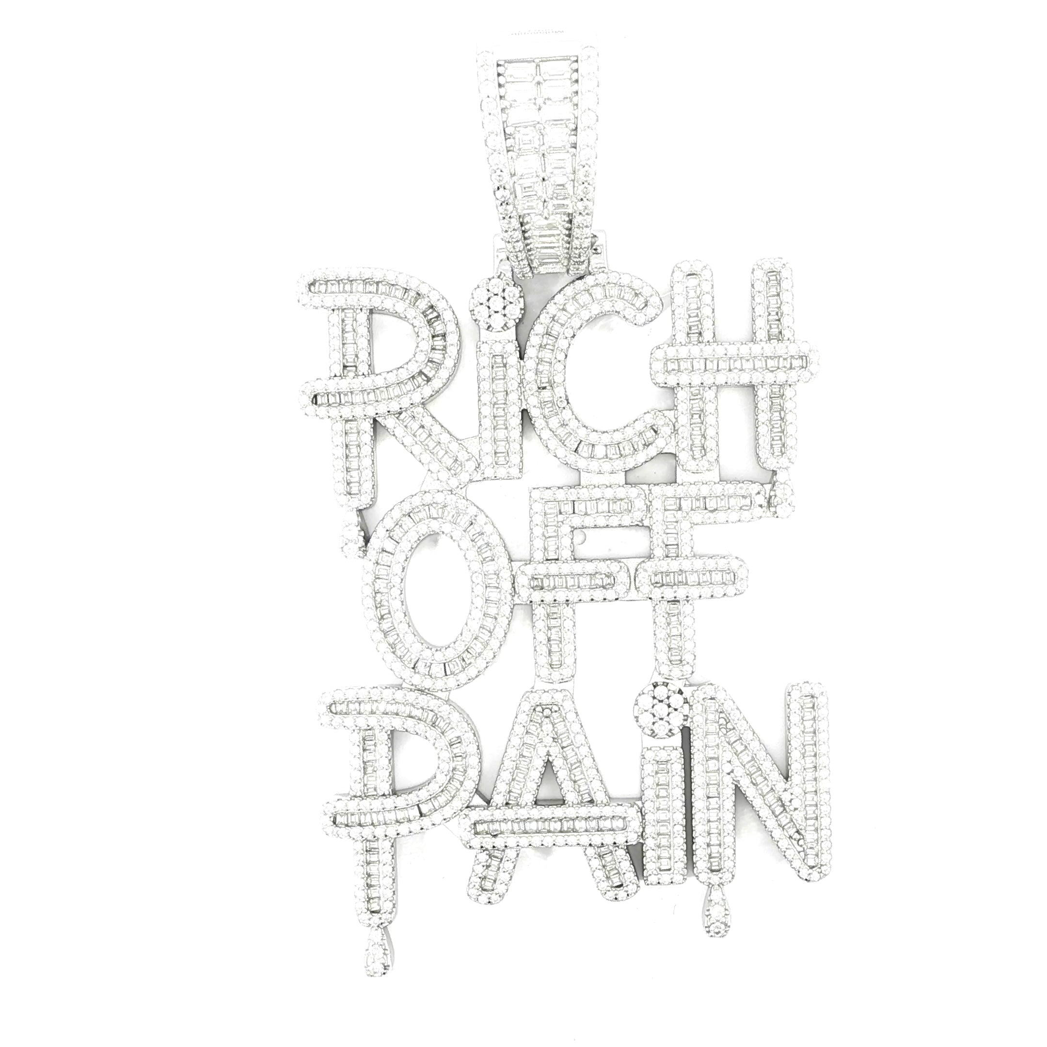 Iced out RICH OFF PAIN pendant featuring baguette moissanite accents.