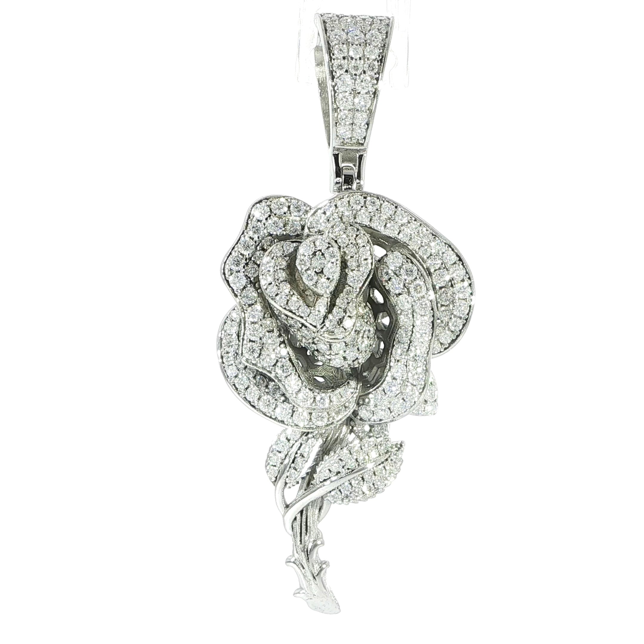 925 Sterling Silver VVS Moissanite Icey Blooming Rose Flower Pendant 2.32 CTW