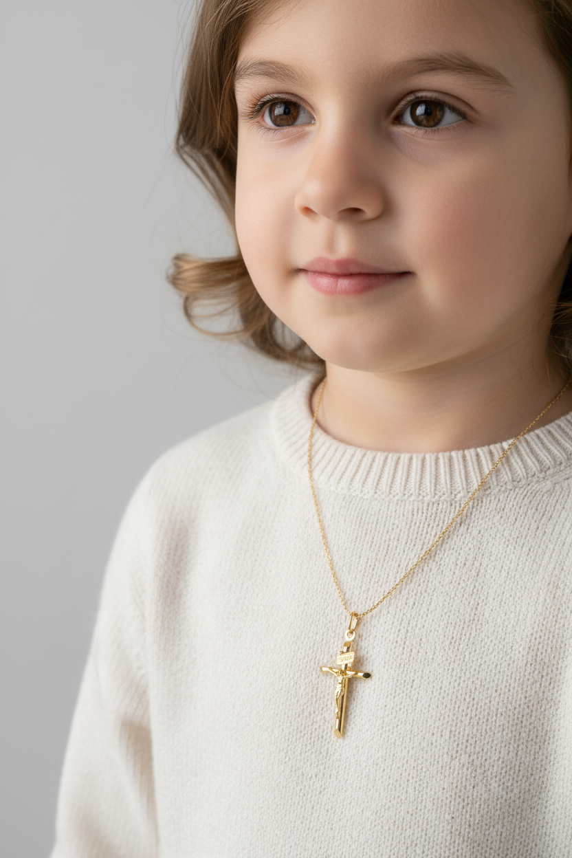 Model wearing classic 10K gold Jesus cross pendant with polished finish.