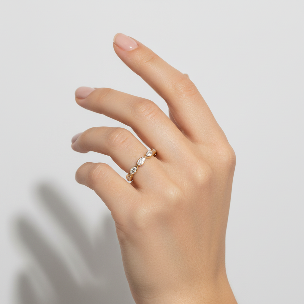 Model wearing 0.80 CTW marquise diamond band