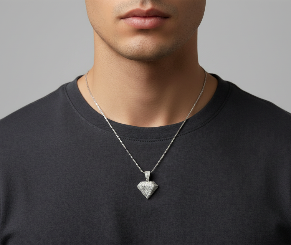 Three-dimensional diamond shape pendant covered in VVS moissanite stones