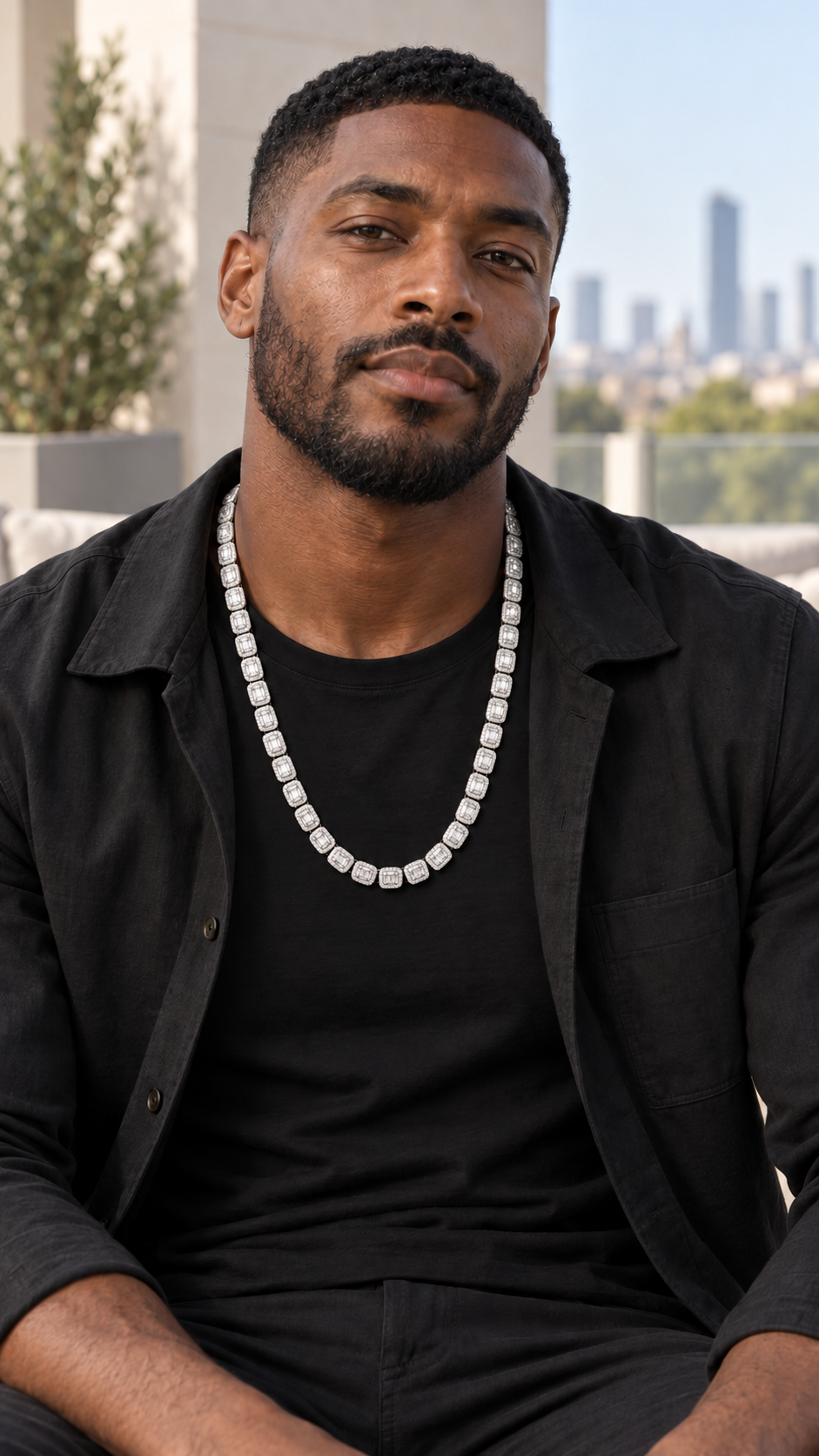 Male model wearing an 11 mm sterling silver baguette moissanite tennis chain