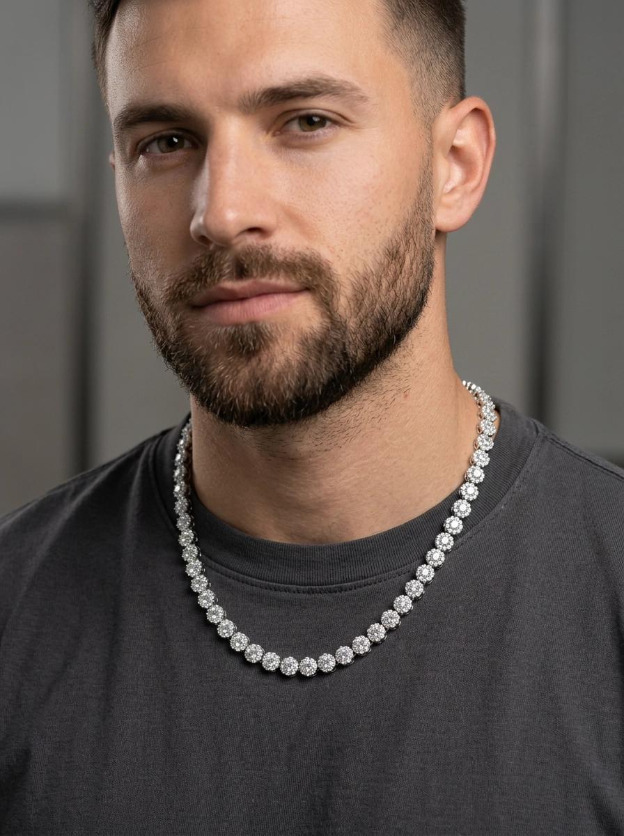 Male model wearing silver round cluster chain in 6mm width