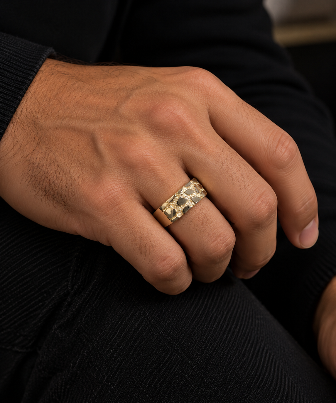 Slim 14K gold nugget band on model