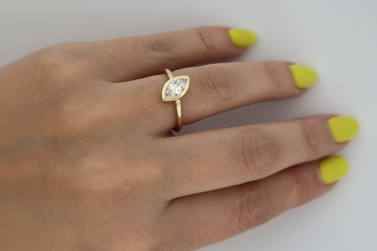Marquise diamond ring in yellow gold hand model