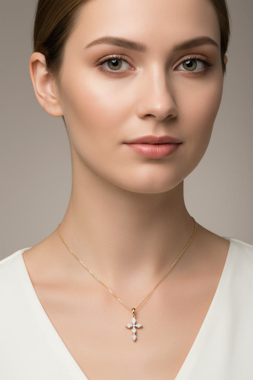 Model wearing small diamond cross pendant perfect for everyday wear.