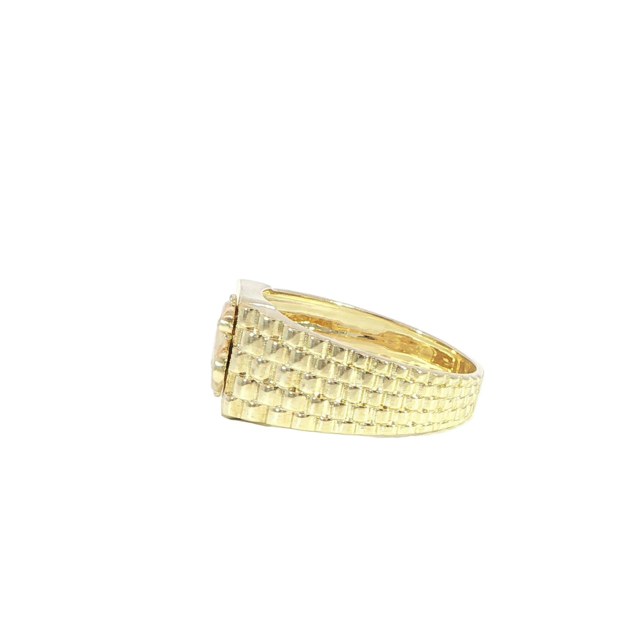 Textured yellow gold ring with money sign side profile