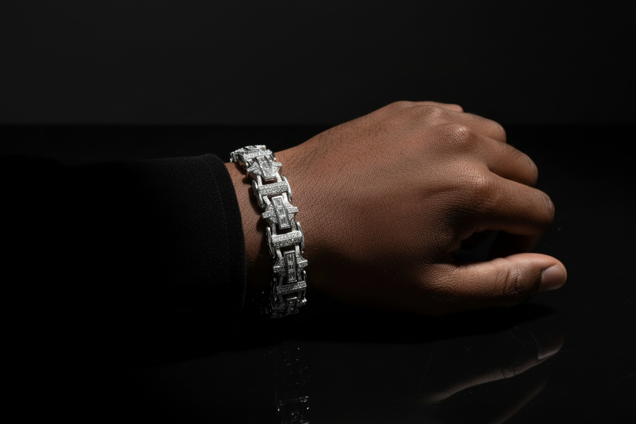 Designer-inspired men's geometric link bracelet with brilliant VVS moissanite accents