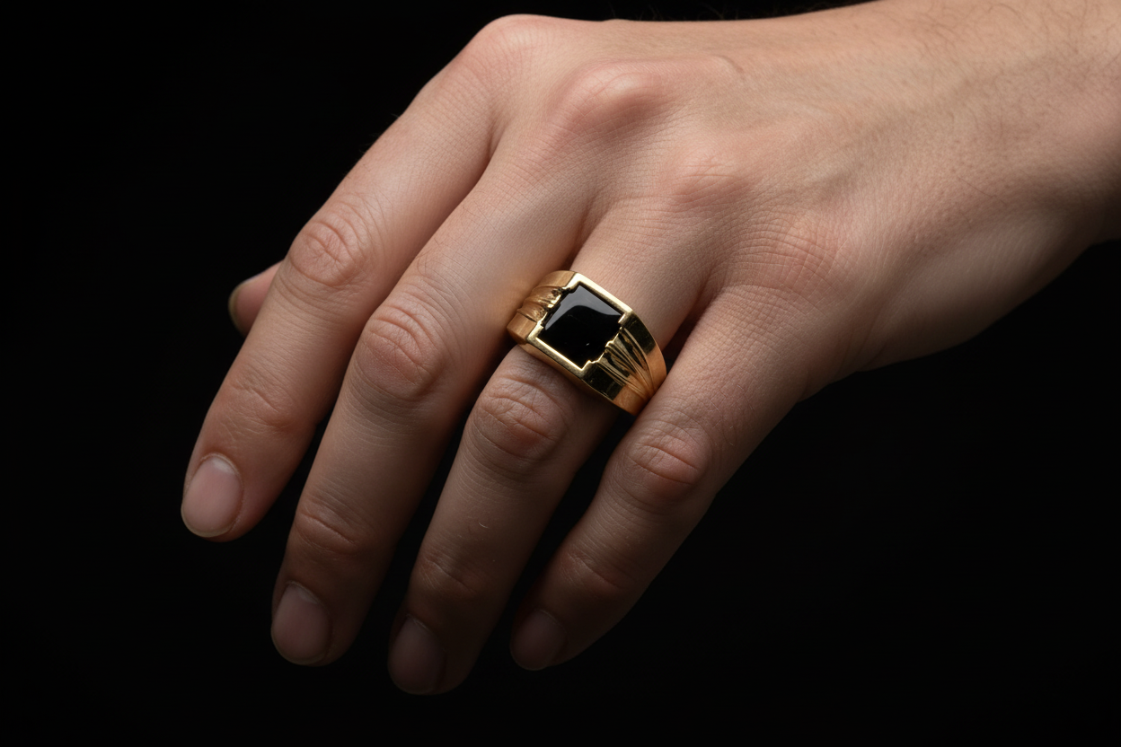 Black onyx men’s ring crafted in polished 14K yellow gold