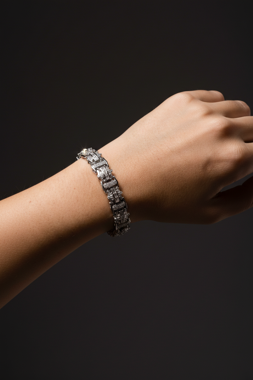 12MM men's sterling silver bracelet featuring 5.50 CTW of VVS moissanite in a geometric link design