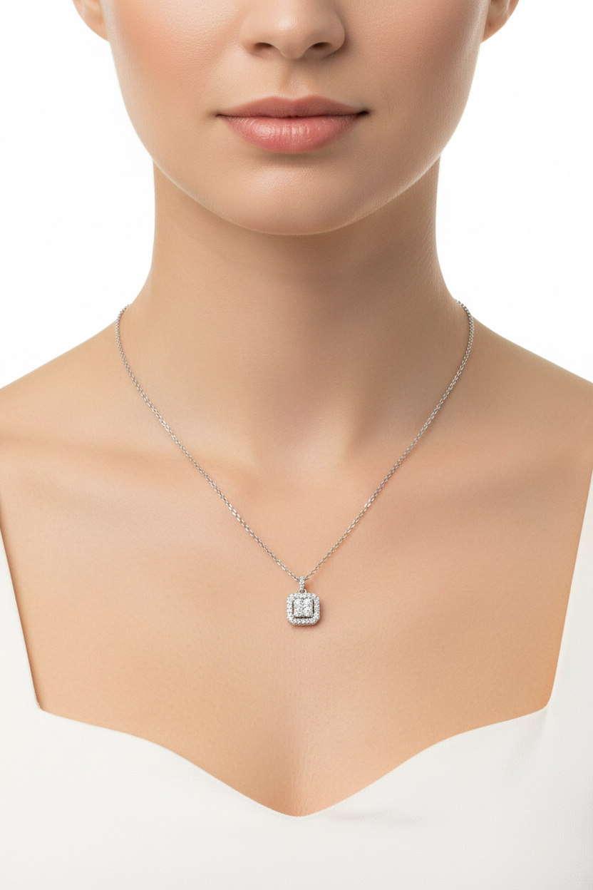 Square halo moissanite pendant with included sterling silver chain.