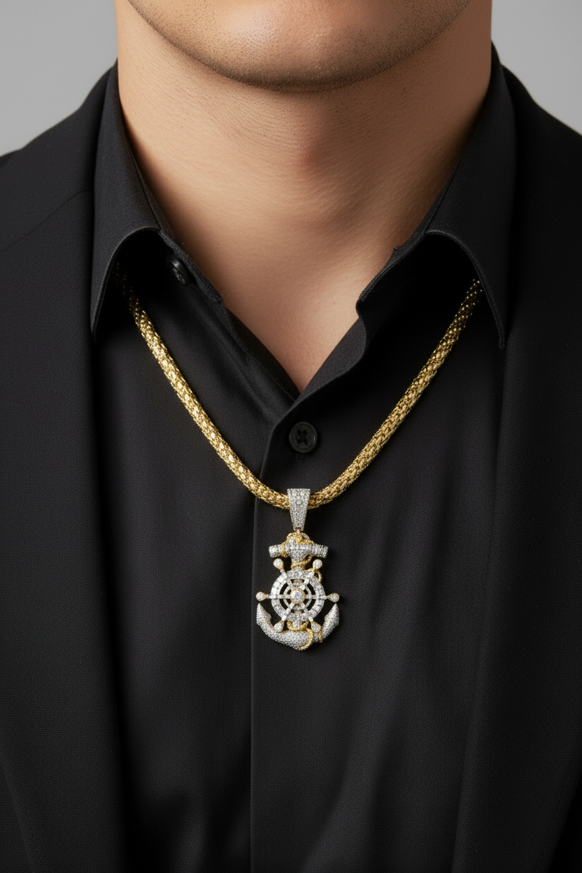 Men's sterling silver anchor pendant with ship wheel centerpiece.