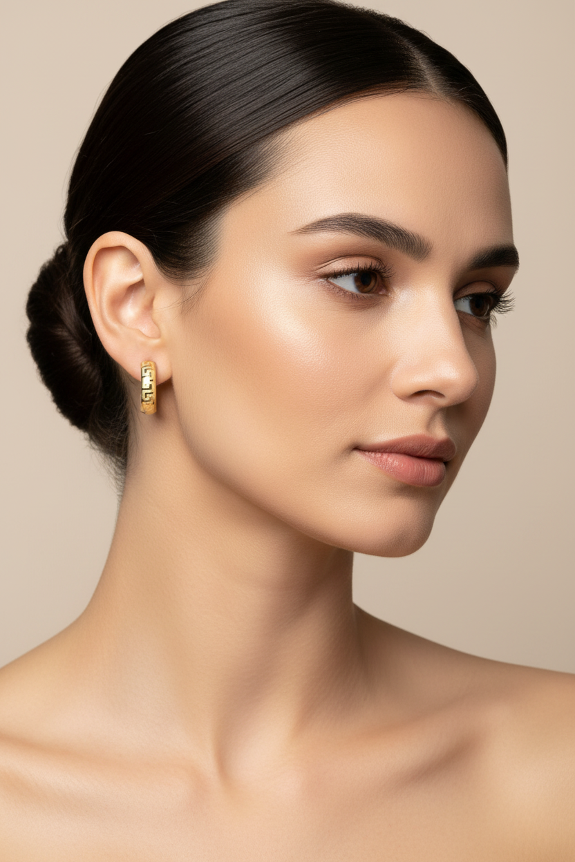 Wide 10K gold hoop earrings with engraved Greek Key design