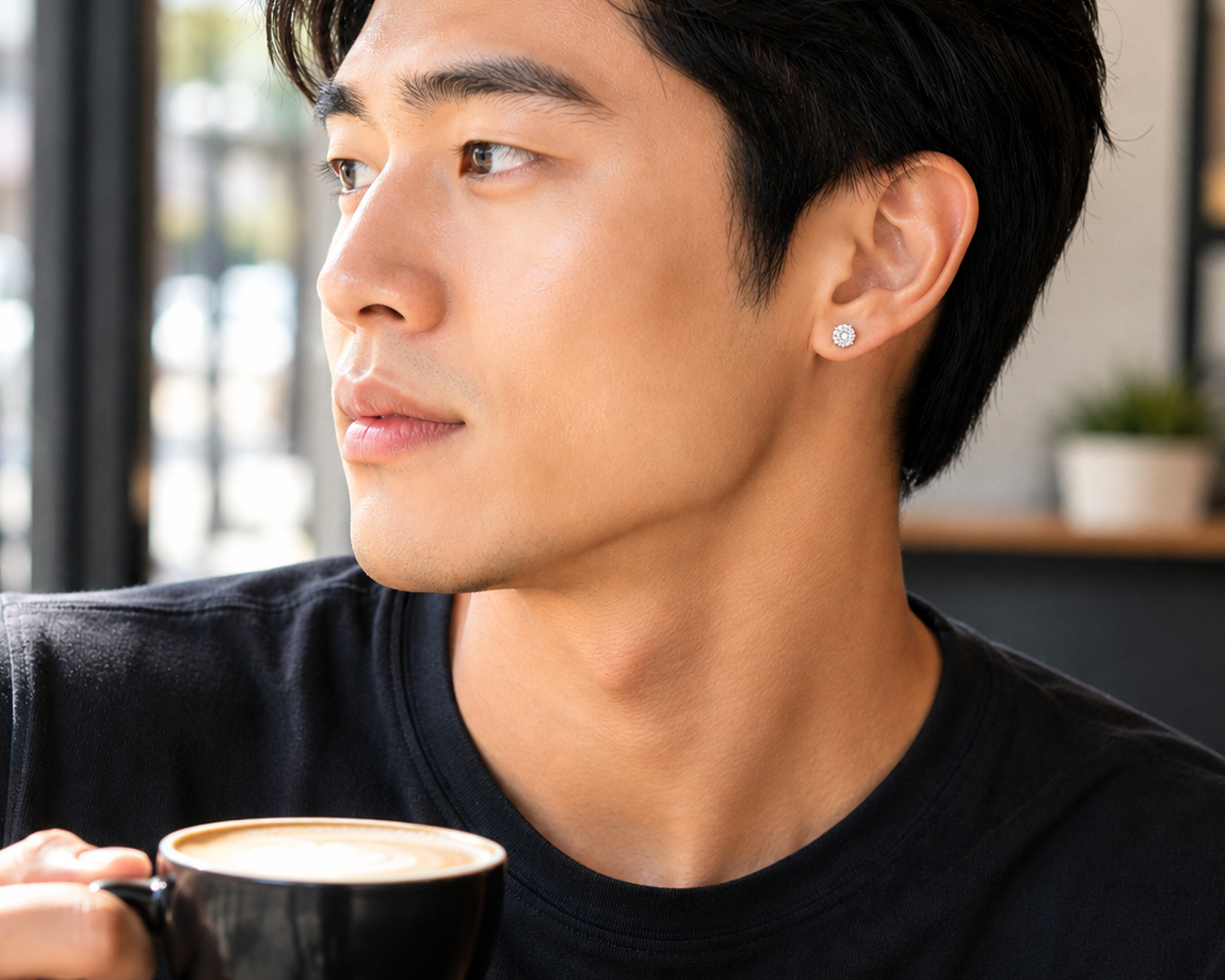 Model wearing 10K white gold natural diamond round cluster stud earrings