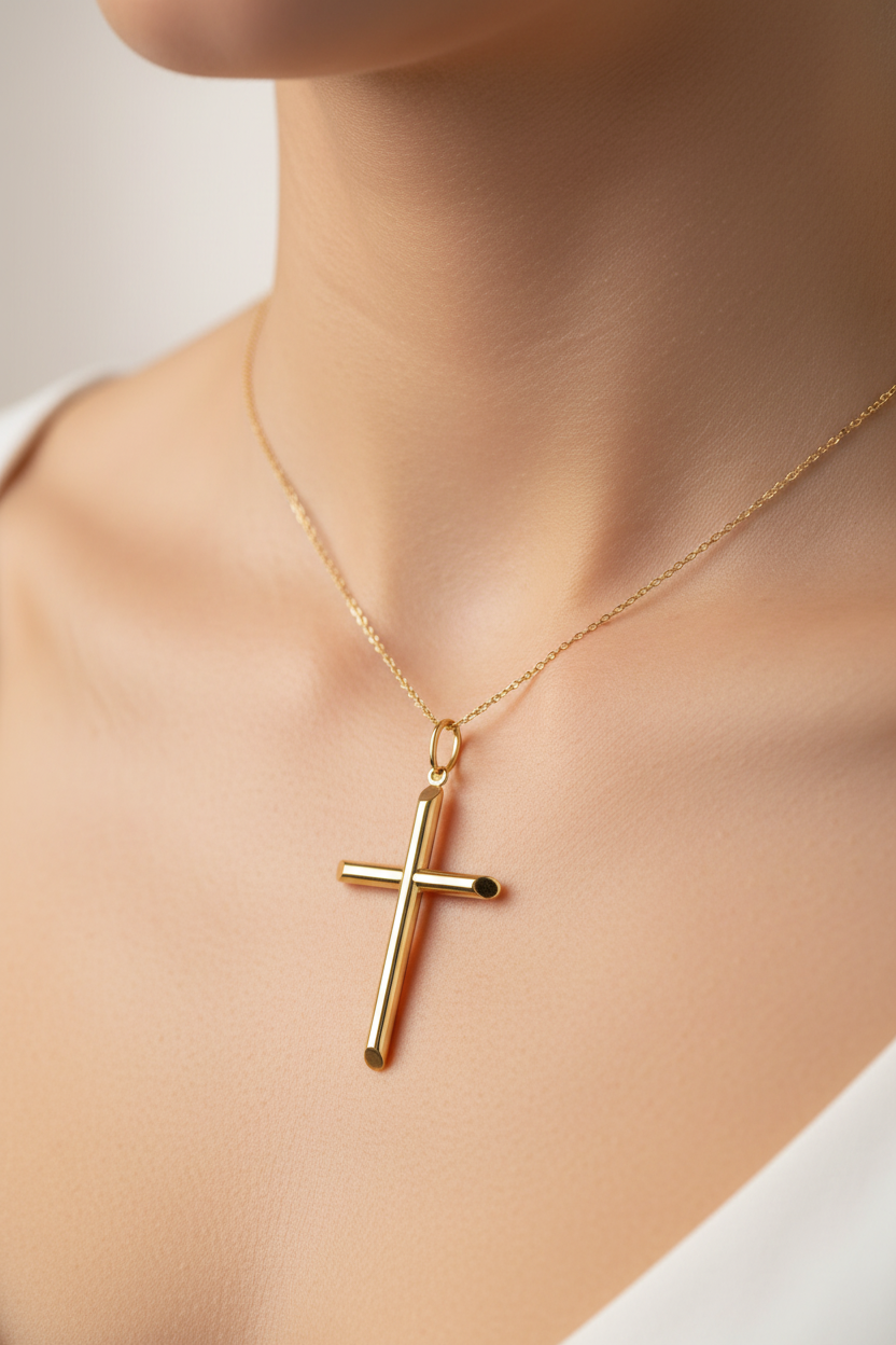 10K yellow gold high polish cross pendant with minimalist design.